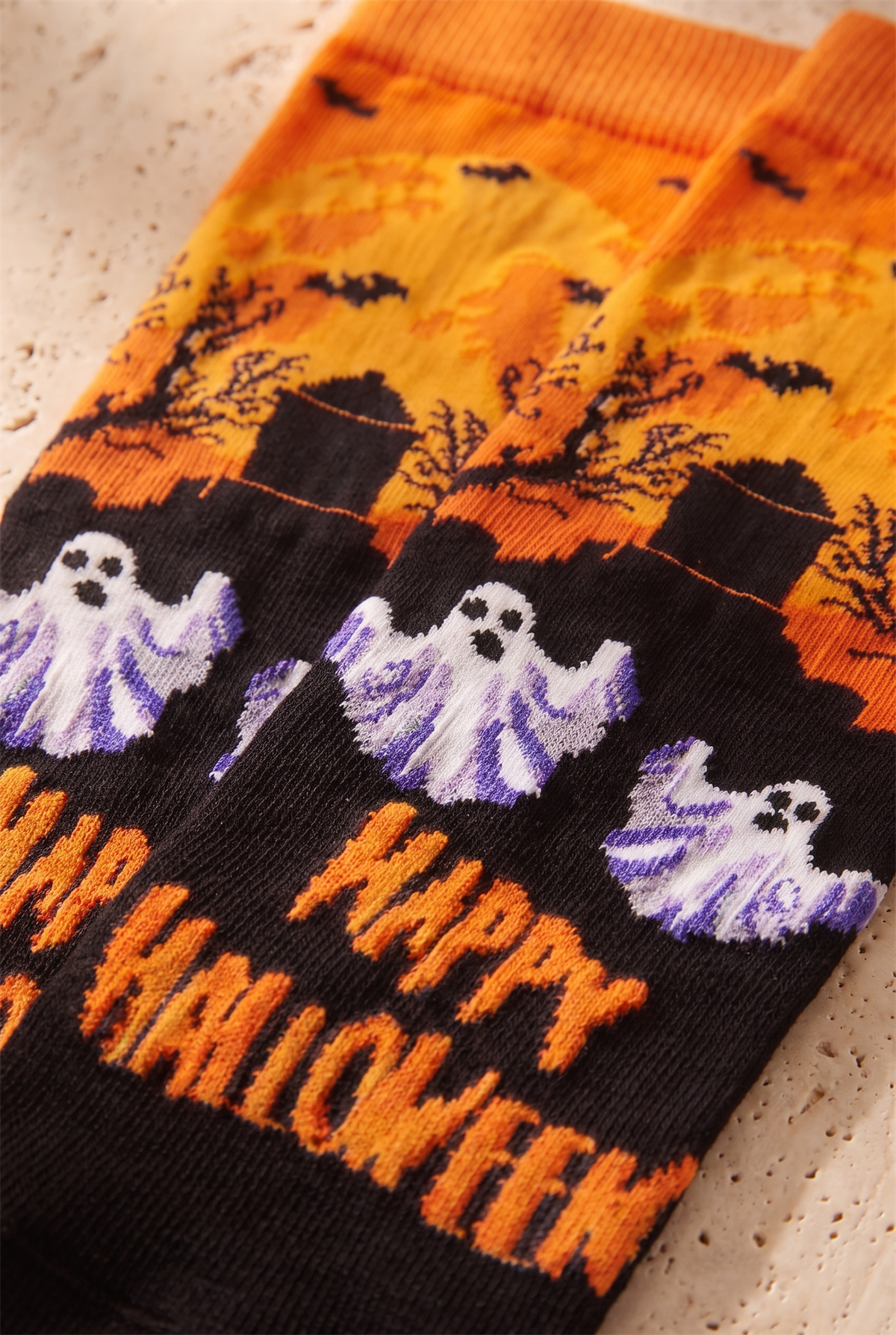 Unisex Happy Halloween Desenli Soket Çorap Turuncu