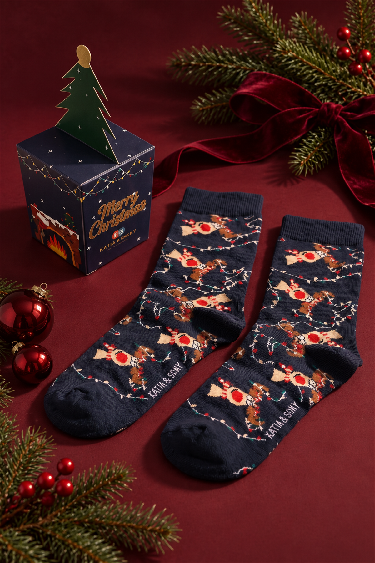 Unisex Marry Christmas Kutulu Geyik Desenli Soket Yılbaşı Çorabı