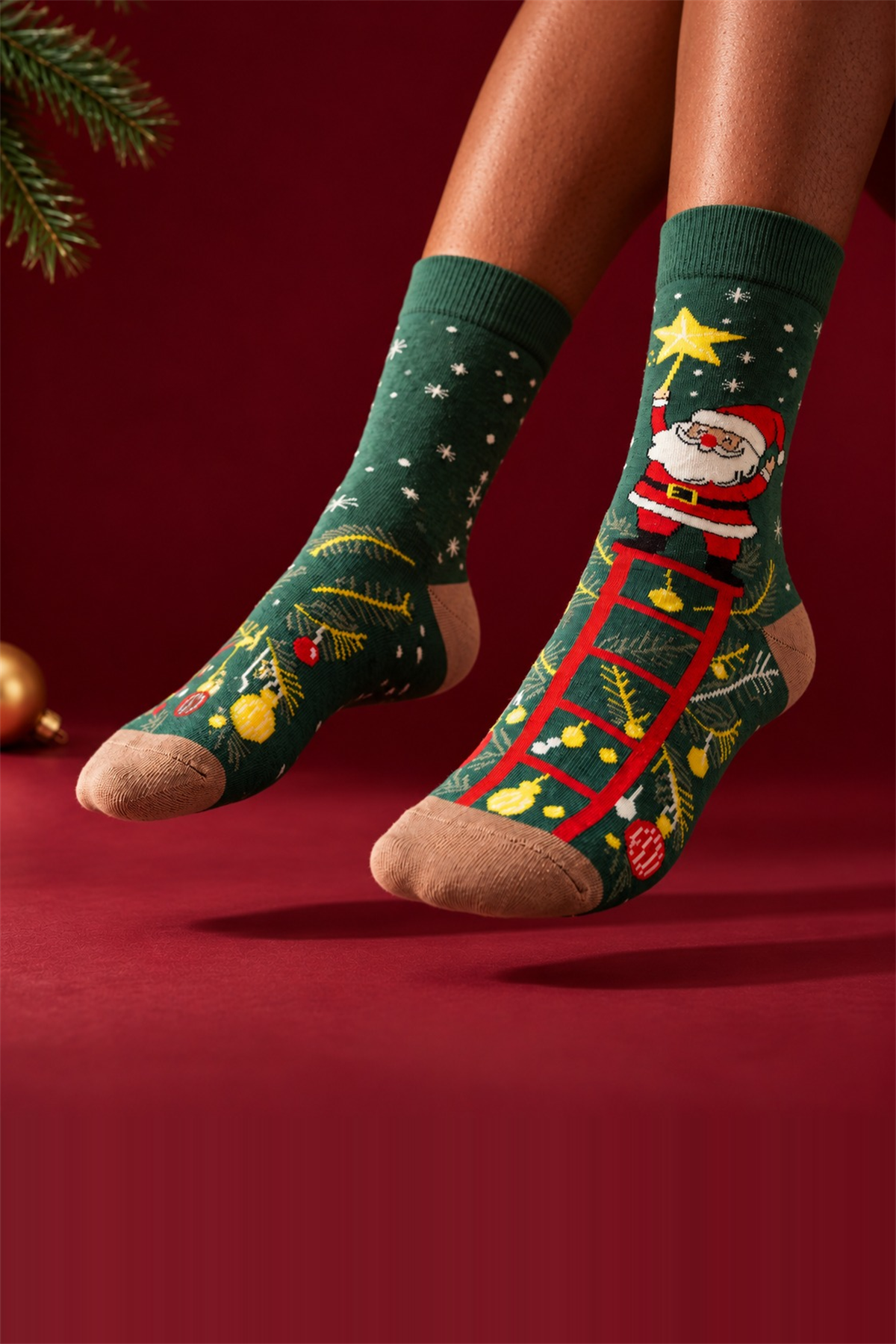 Unisex Noel Baba Desenli Pamuklu Soket Yılbaşı Çorabı
