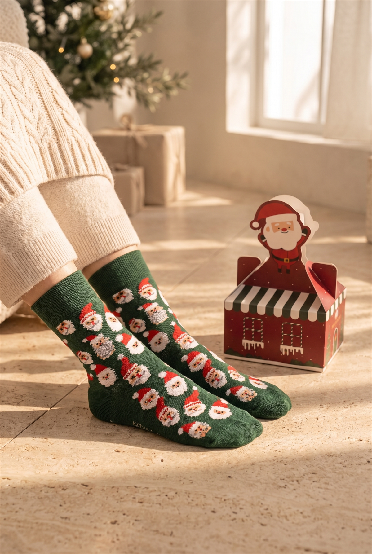 Unisex Noel Baba Kutulu Pamuklu Soket Yılbaşı Çorabı Yeşil