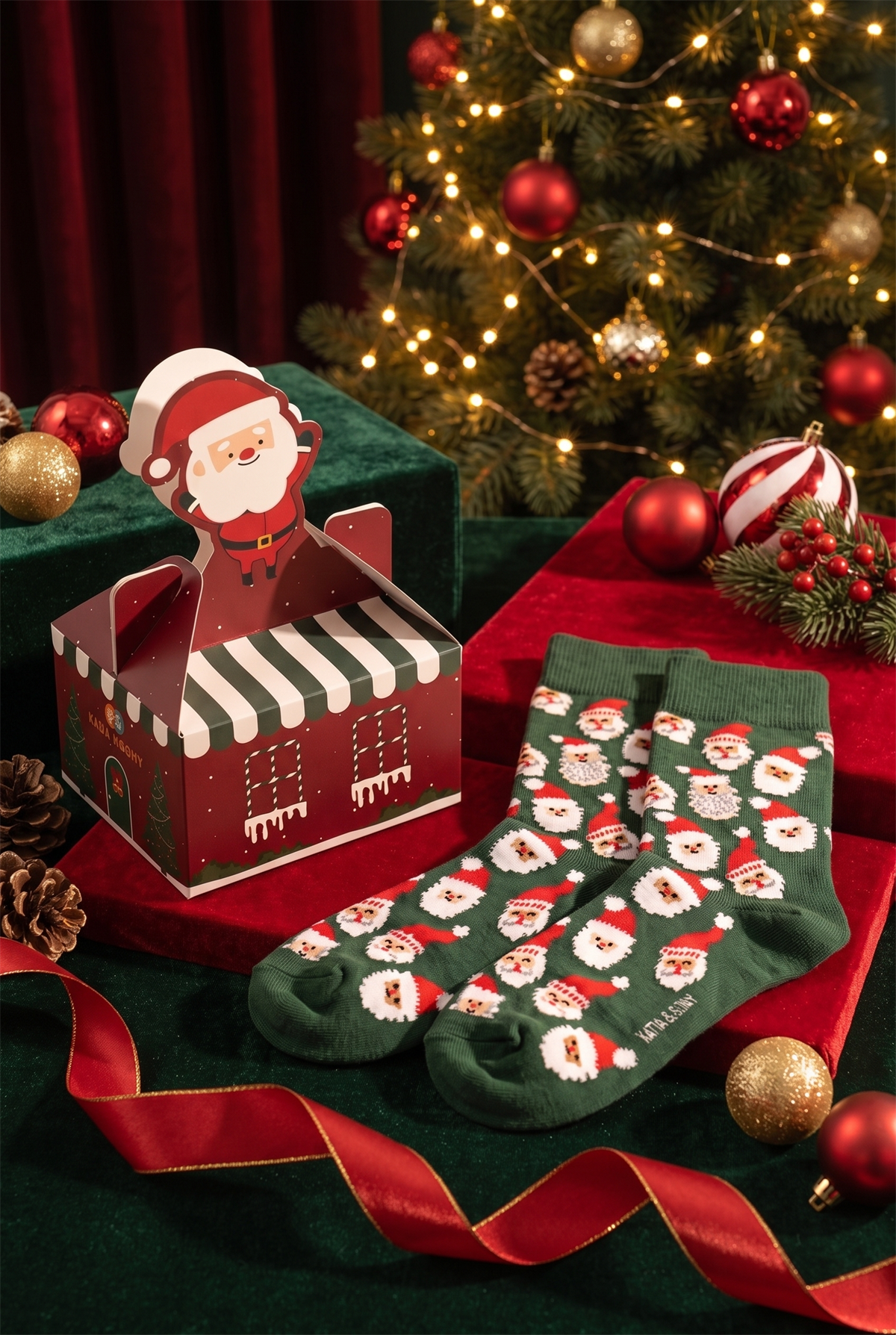 Unisex Noel Baba Kutulu Pamuklu Soket Yılbaşı Çorabı Yeşil