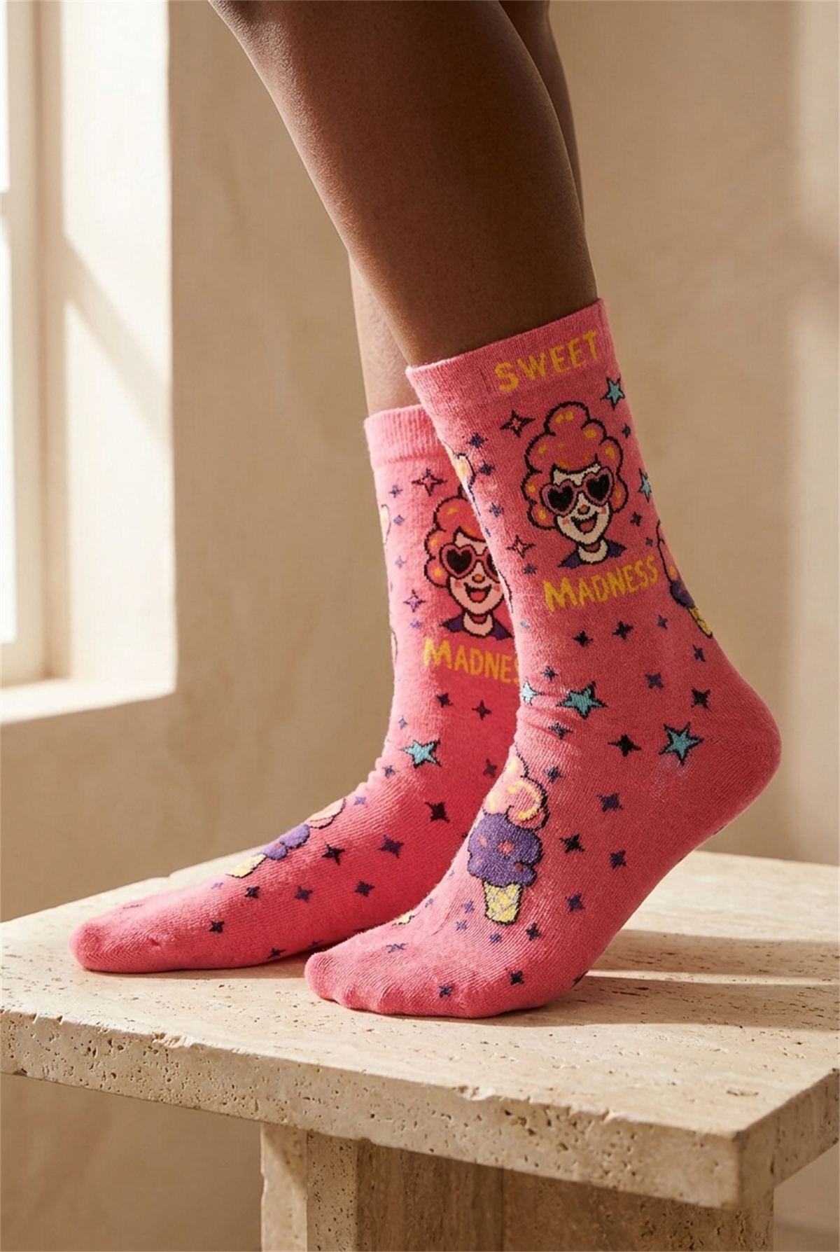 Unisex PopArt Desenli Çorap Koyu Pembe