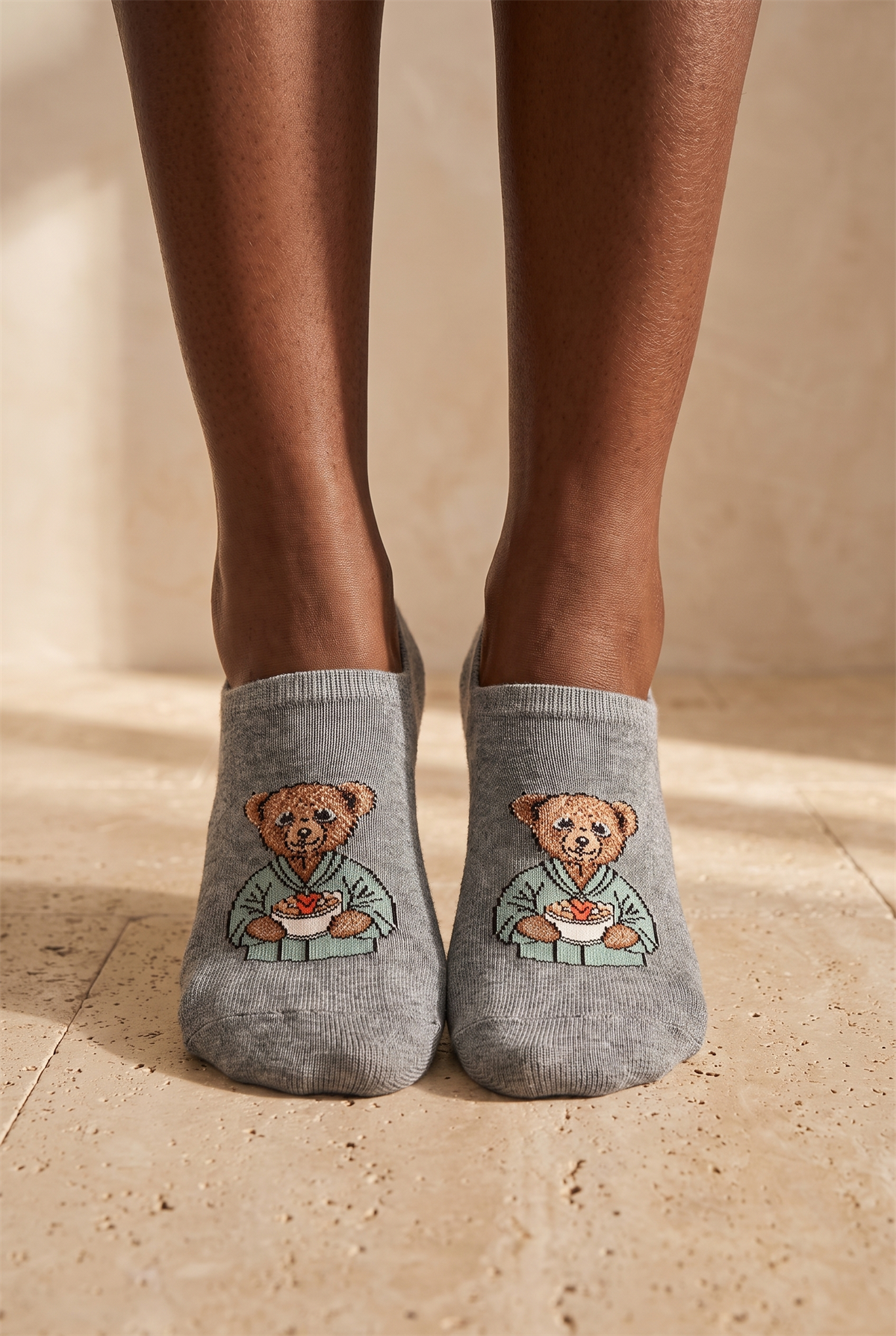 Unisex Teddy Desenli Görünmez Çorap Açık Gri