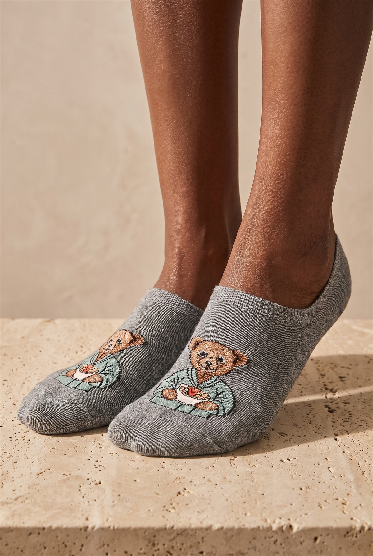 Unisex Teddy Desenli Görünmez Çorap Açık Gri