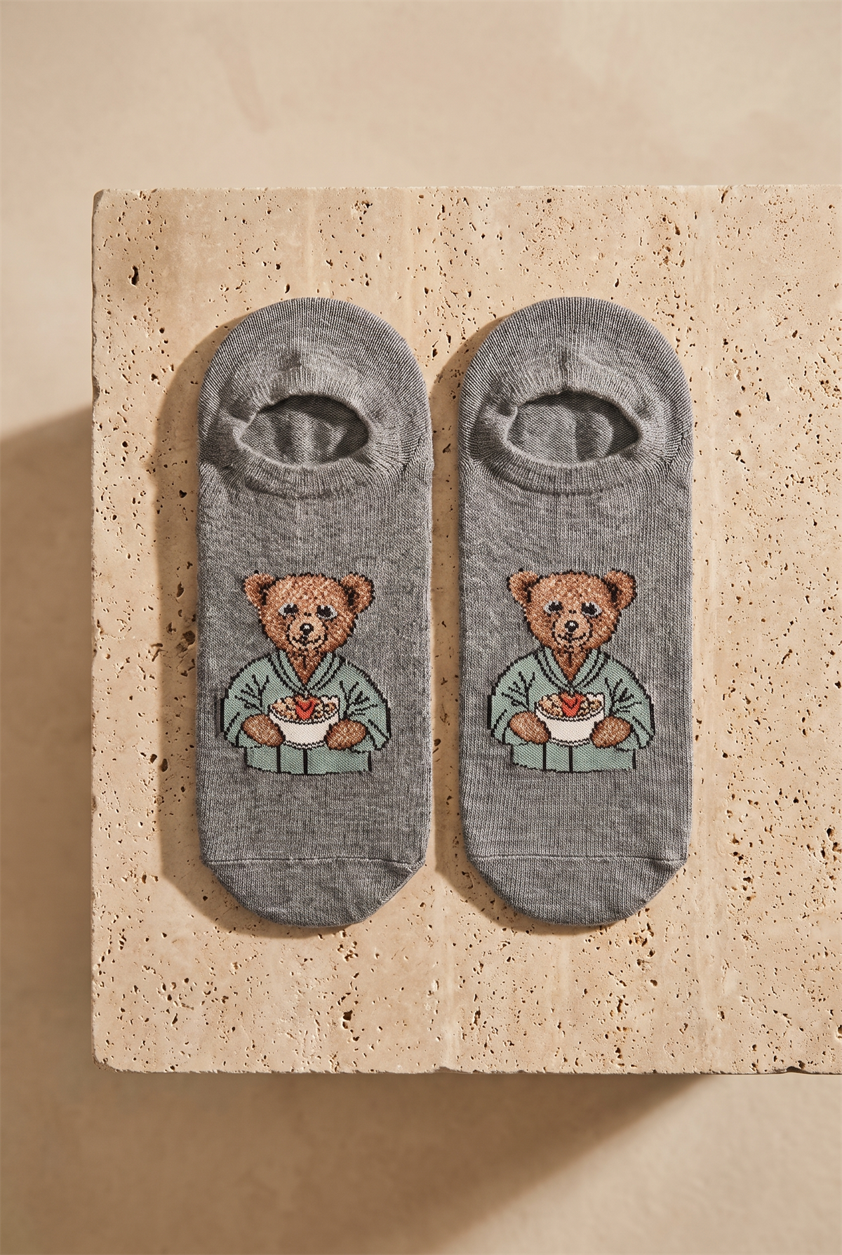 Unisex Teddy Desenli Görünmez Çorap Açık Gri