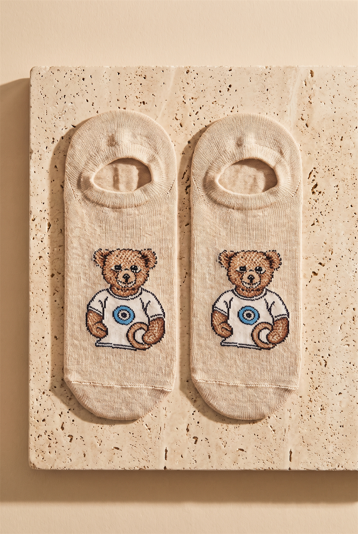 Unisex Teddy Desenli Görünmez Çorap Bej