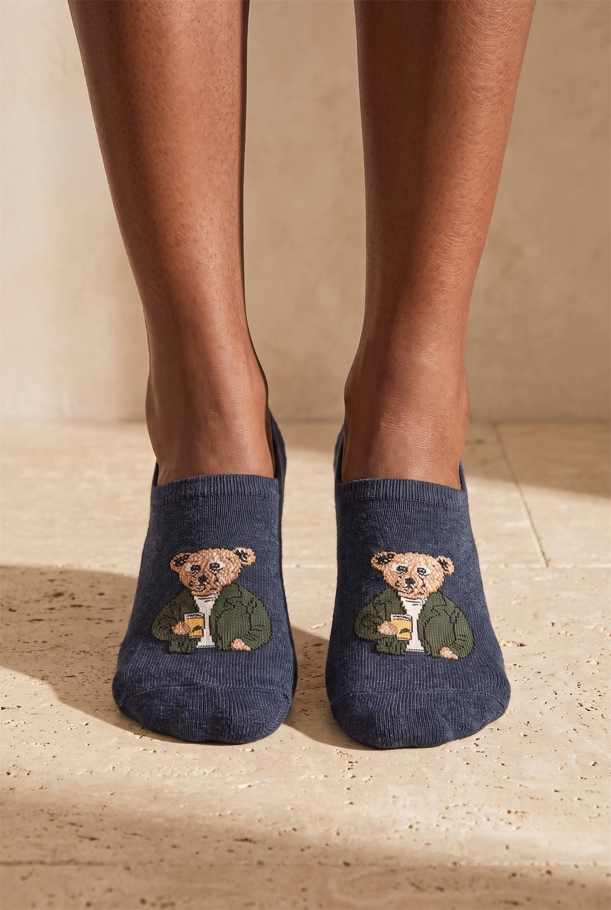 Unisex Teddy Desenli Görünmez Çorap Lacivert