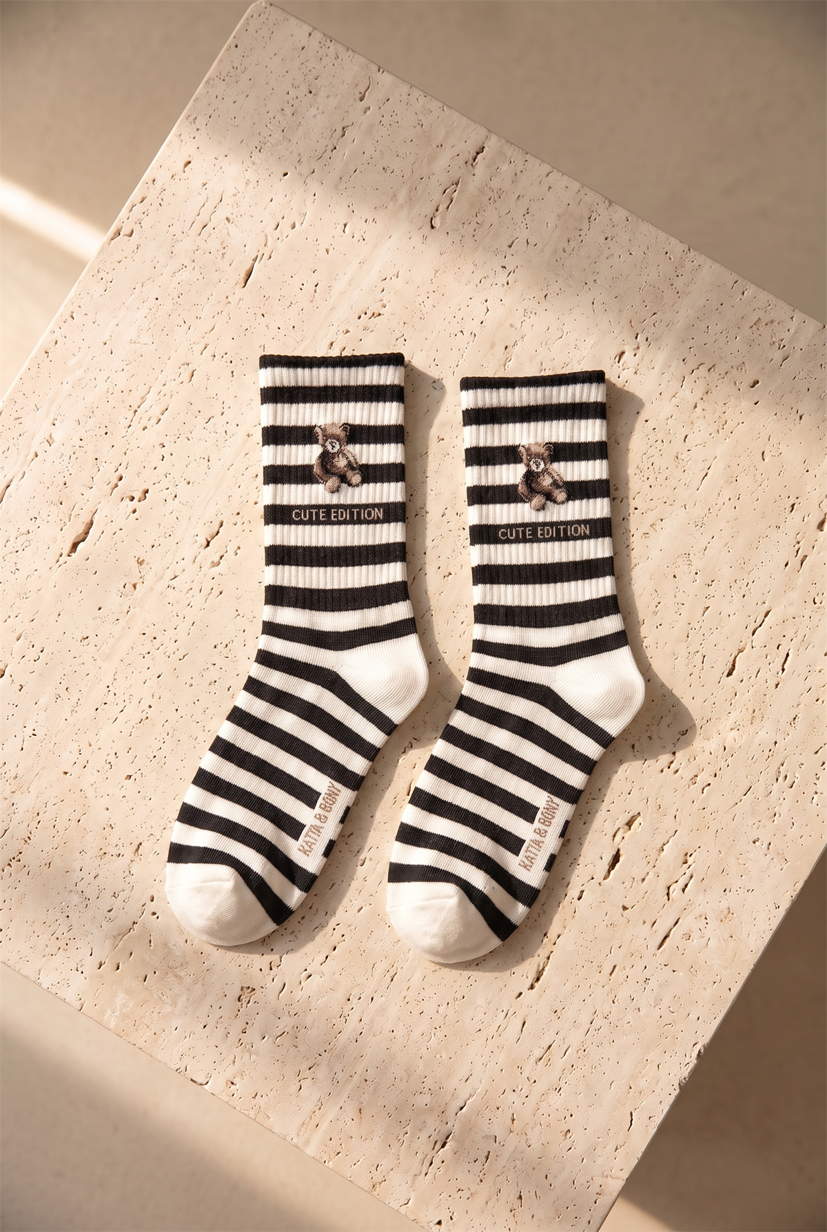 Unisex Teddy Desenli Şeritli Pamuklu Soket Çorap