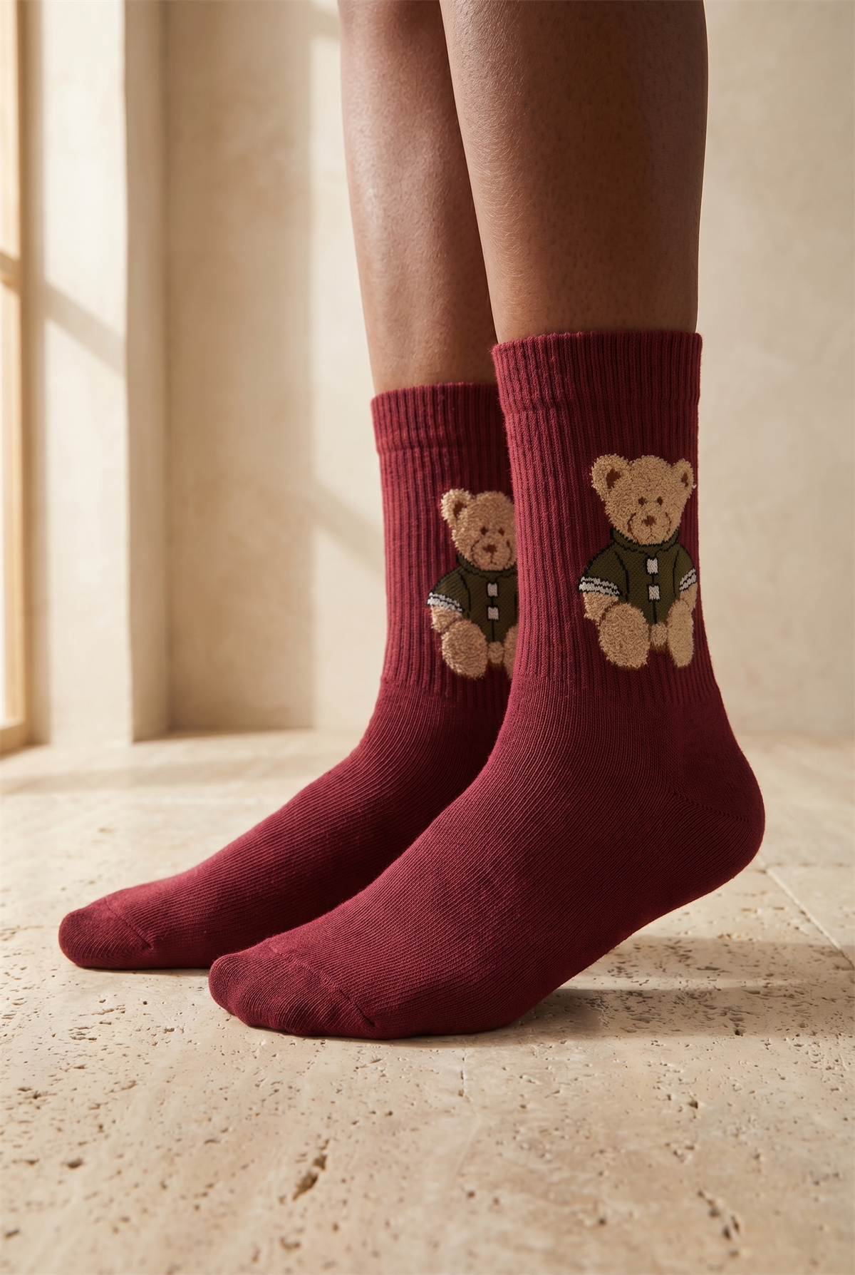 Unisex Teddy Desenli Soket Çorap Bordo