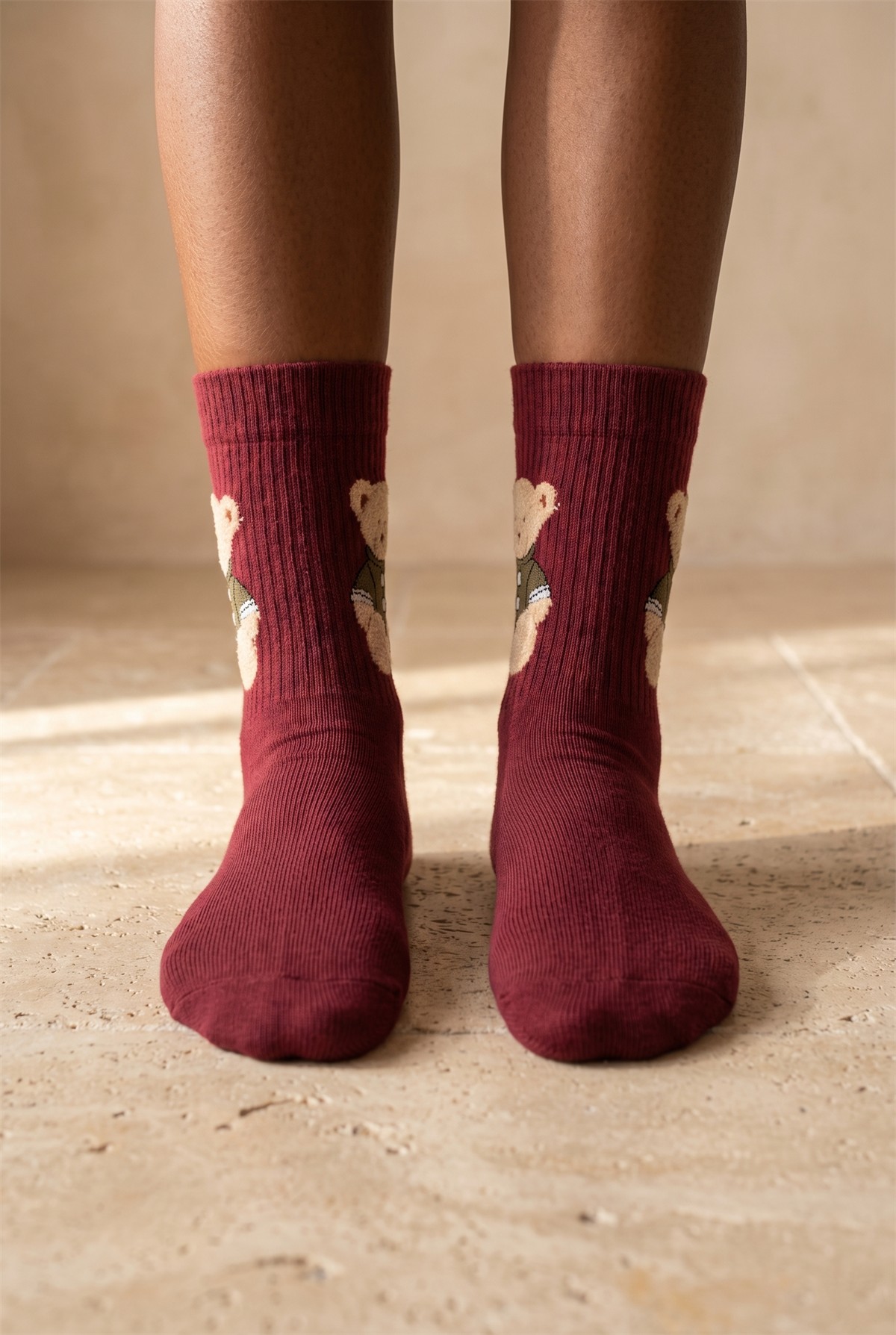 Unisex Teddy Desenli Soket Çorap Bordo