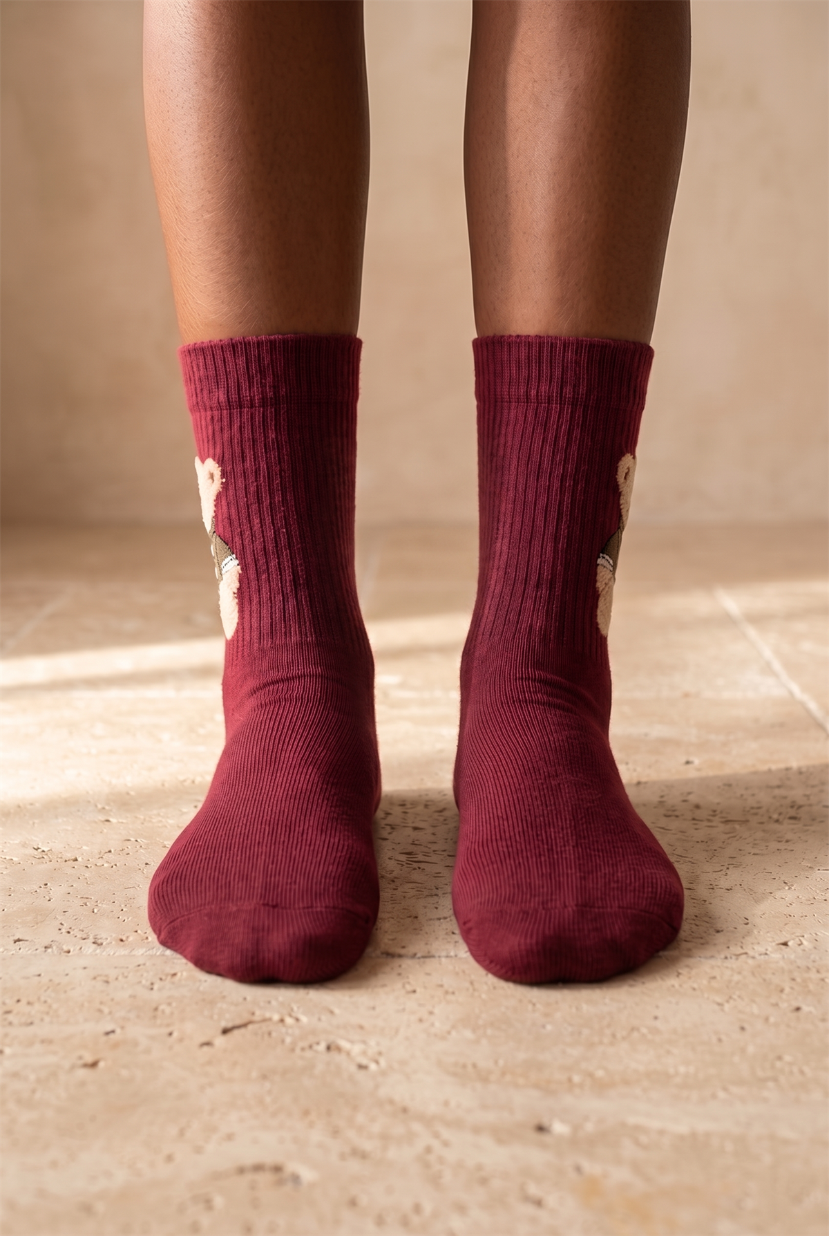 Unisex Teddy Desenli Soket Çorap Bordo