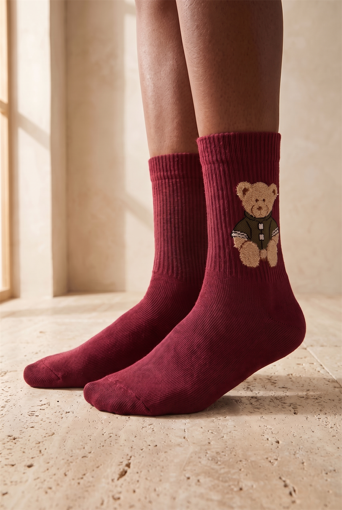 Unisex Teddy Desenli Soket Çorap Bordo