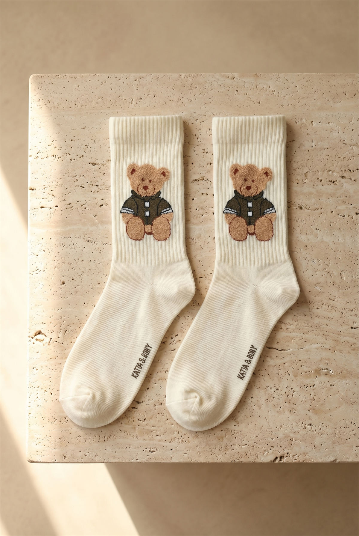 Unisex Teddy Desenli Soket Çorap Ekru