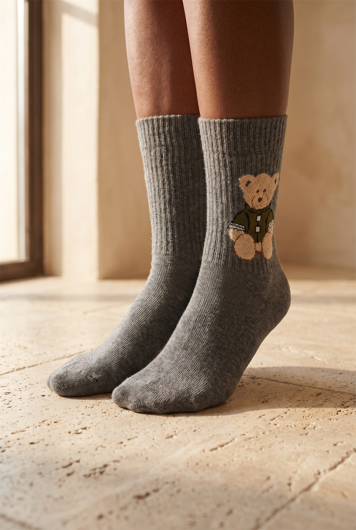 Unisex Teddy Desenli Soket Çorap Gri