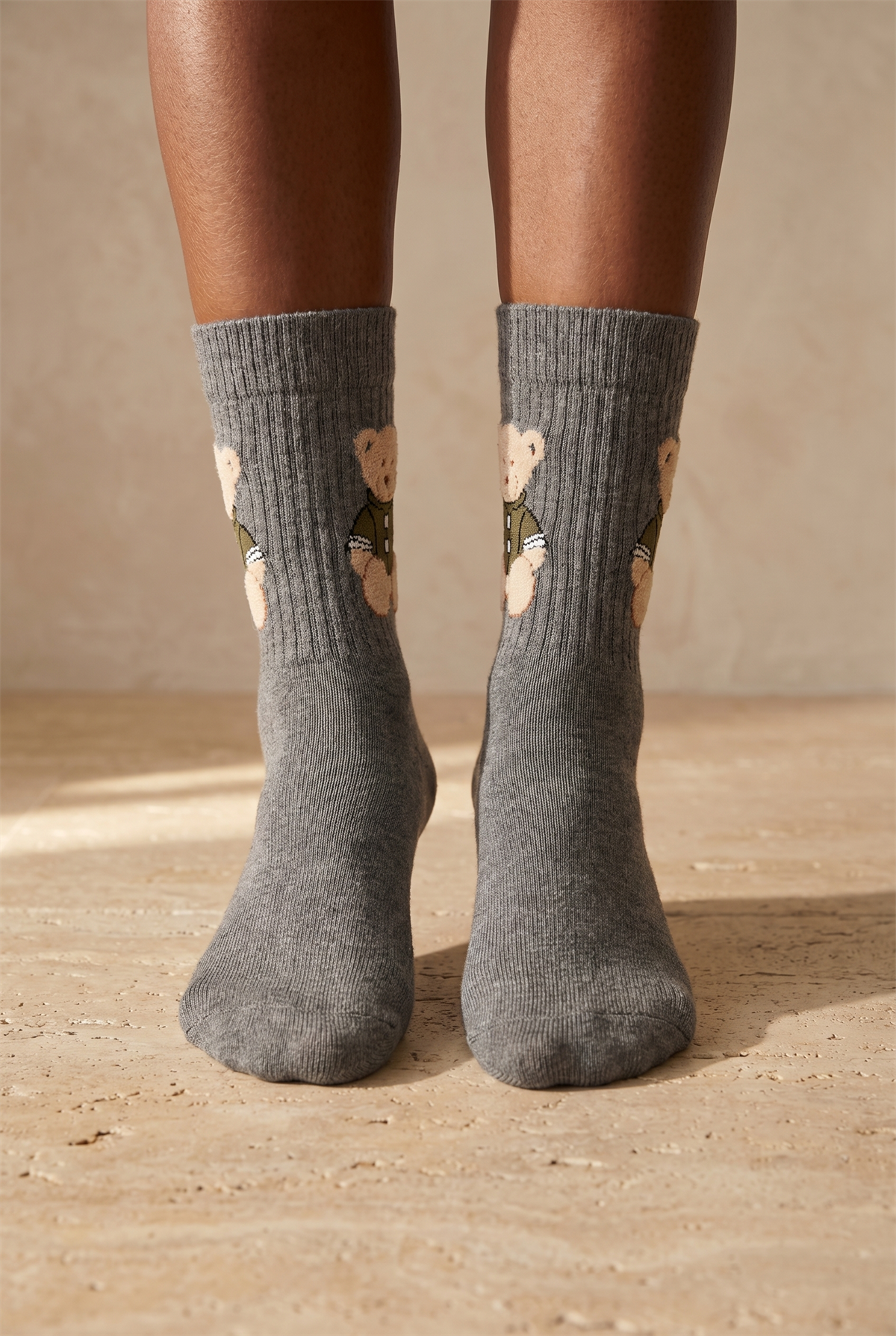 Unisex Teddy Desenli Soket Çorap Gri