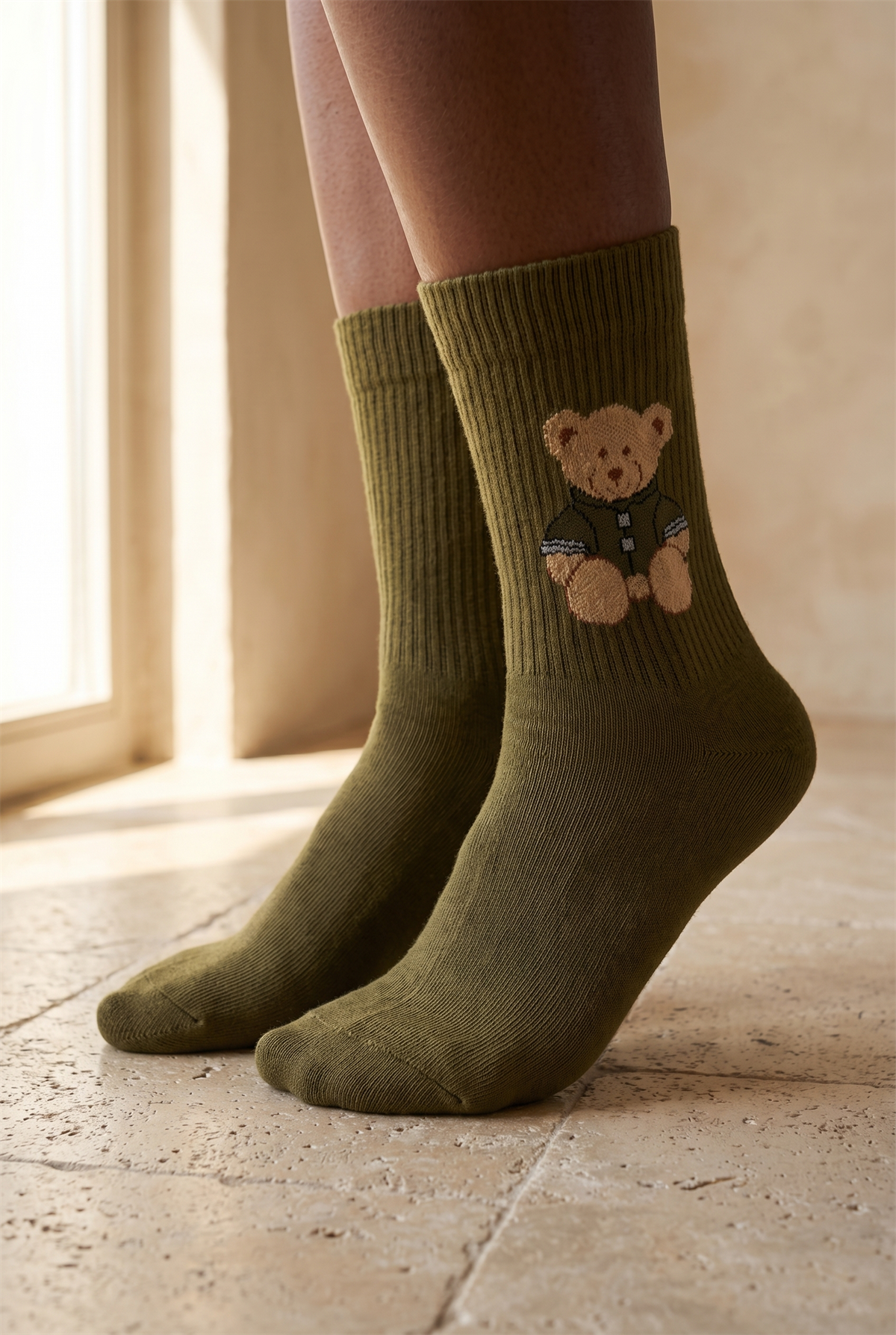 Unisex Teddy Desenli Soket Çorap Haki