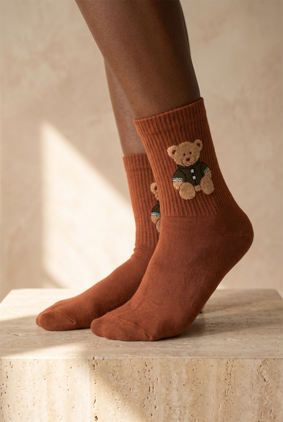Unisex Teddy Desenli Soket Çorap Kahverengi