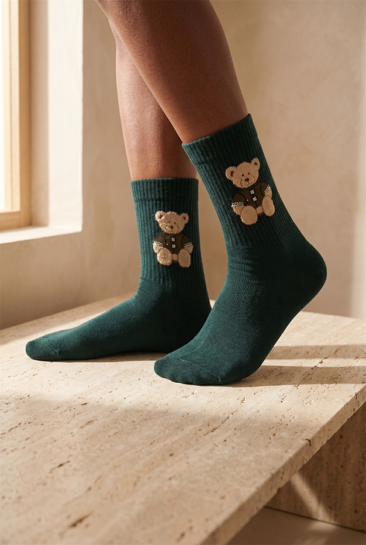 Unisex Teddy Desenli Soket Çorap Koyu Yeşil