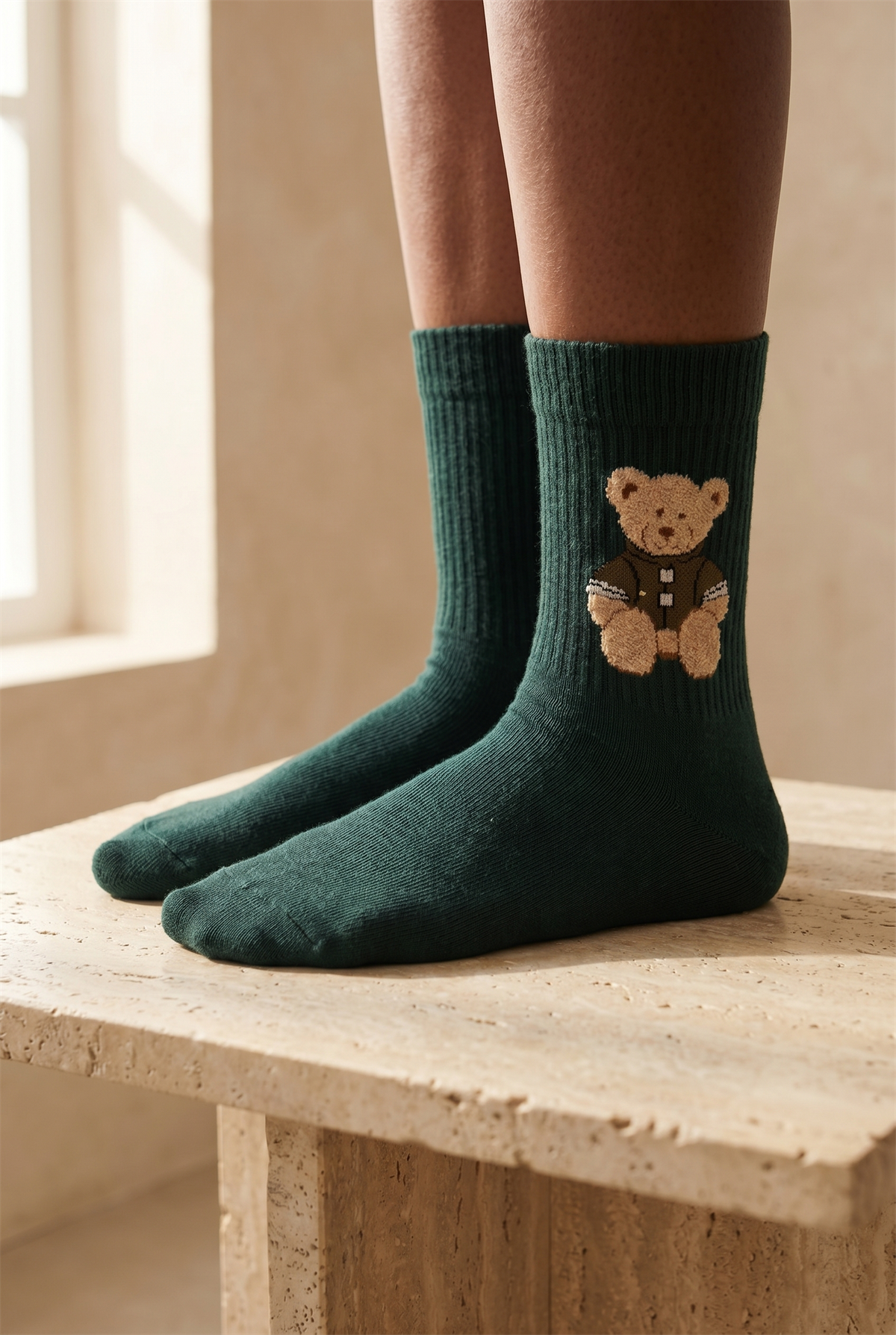 Unisex Teddy Desenli Soket Çorap Koyu Yeşil