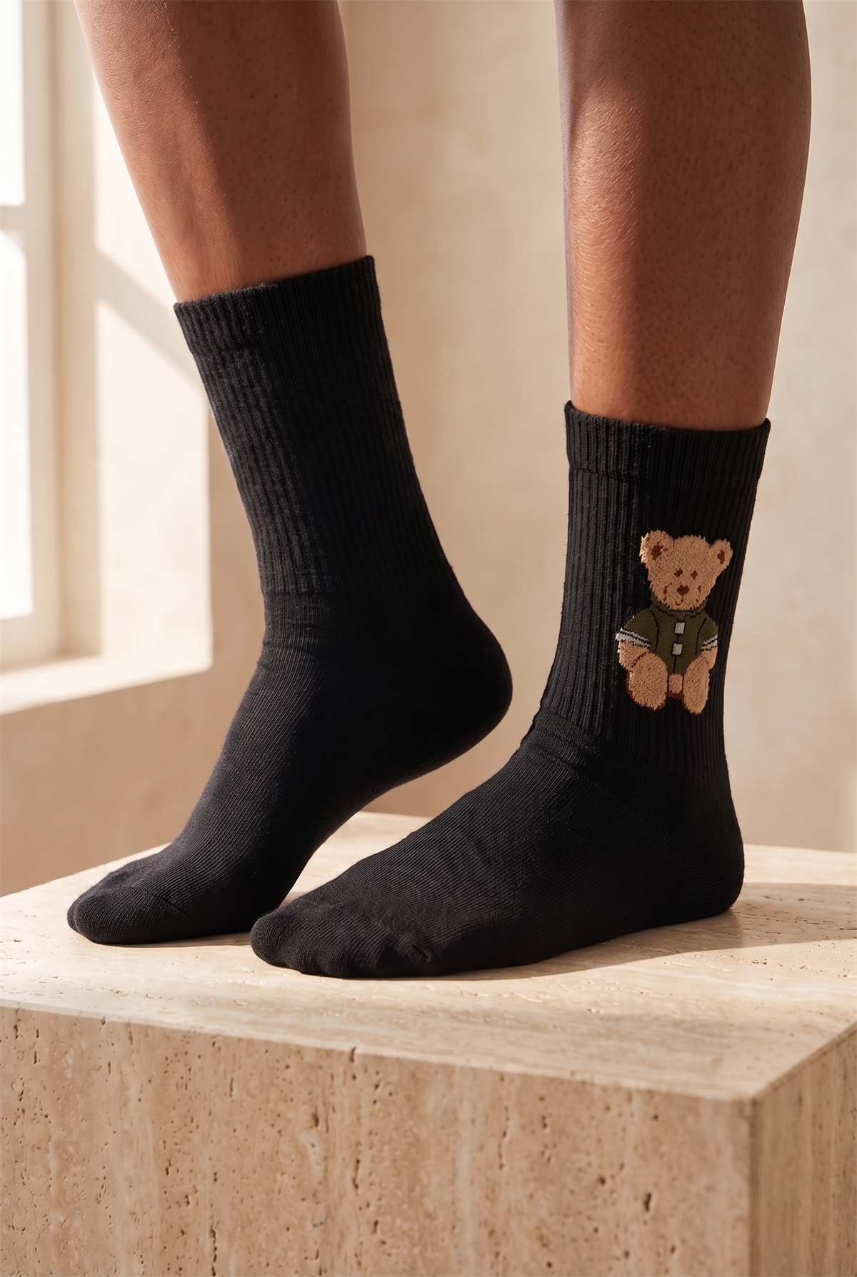 Unisex Teddy Desenli Soket Çorap Siyah