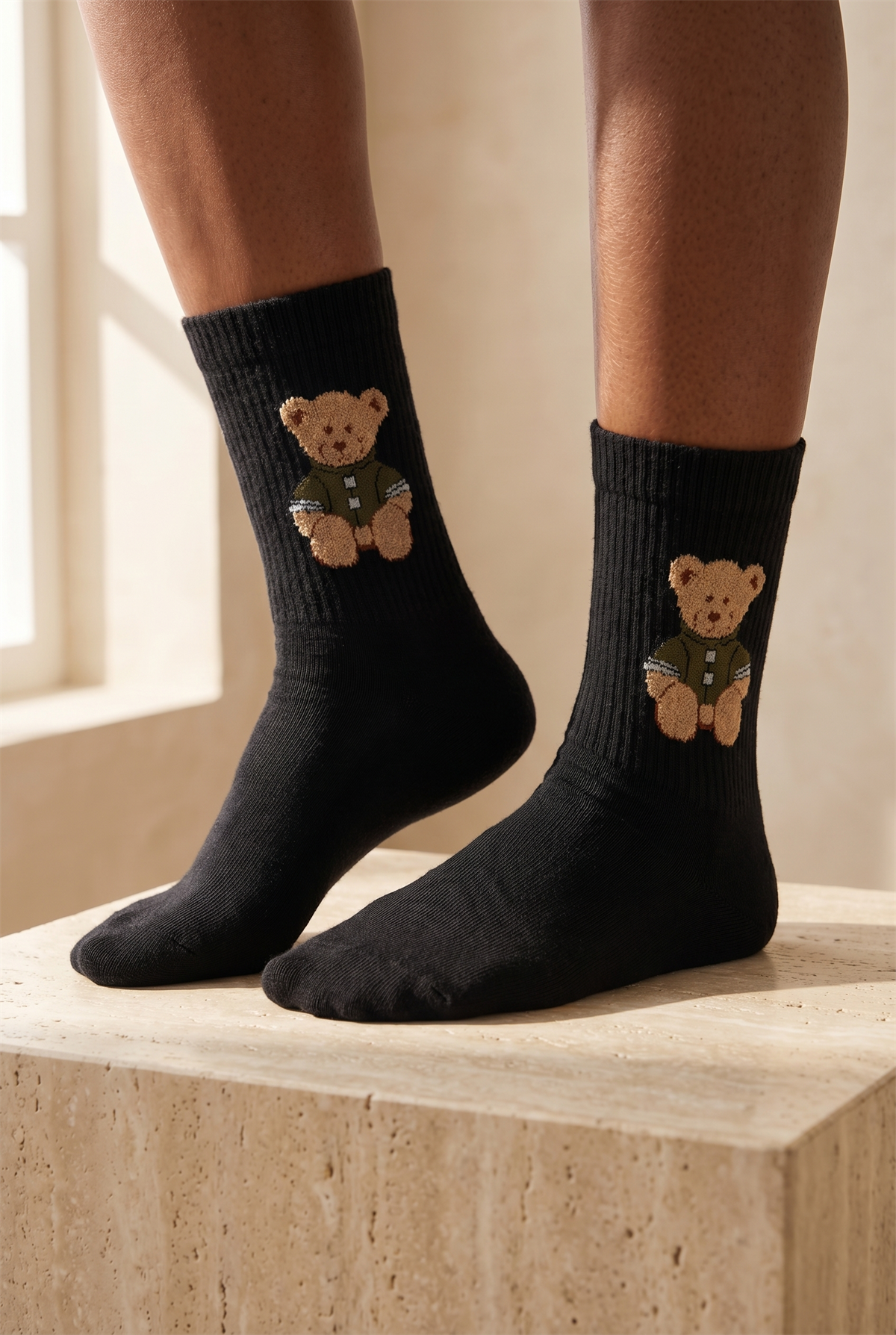 Unisex Teddy Desenli Soket Çorap Siyah
