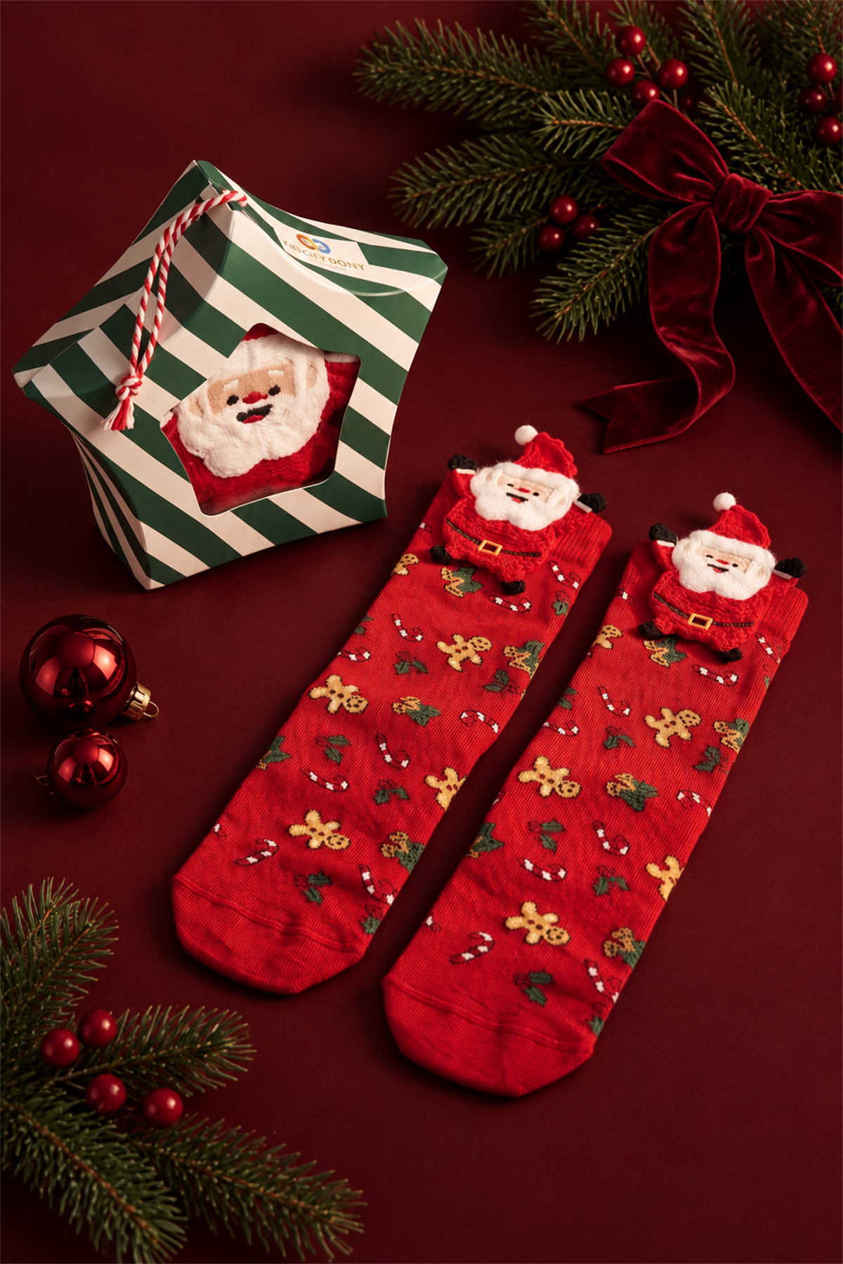 Unisex Yılbaşı Temalı Kutulu Noel Baba Aksesuarlı Soket Yılbaşı Çorabı