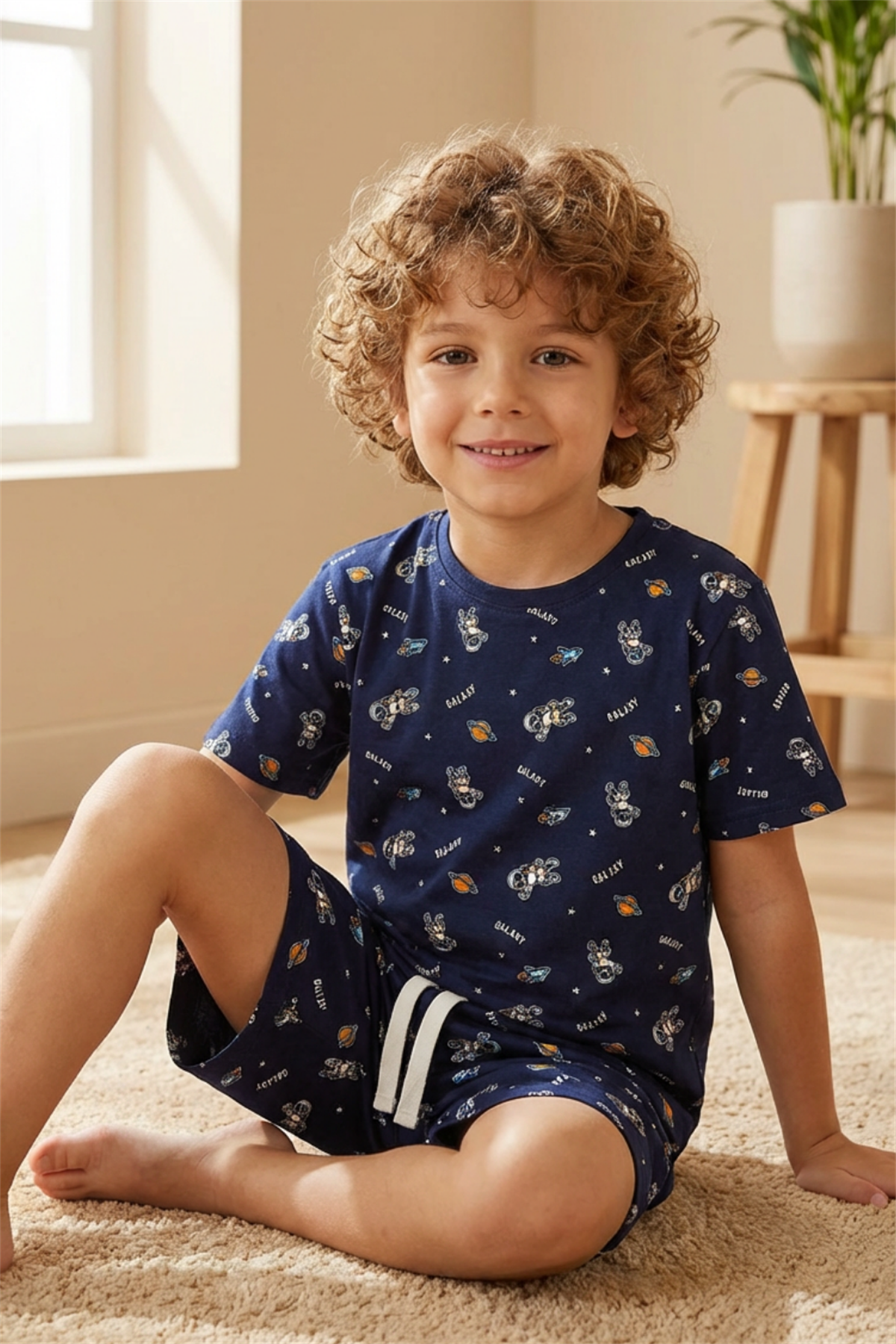 Space Patterned Childrens Pajama Set With Shorts