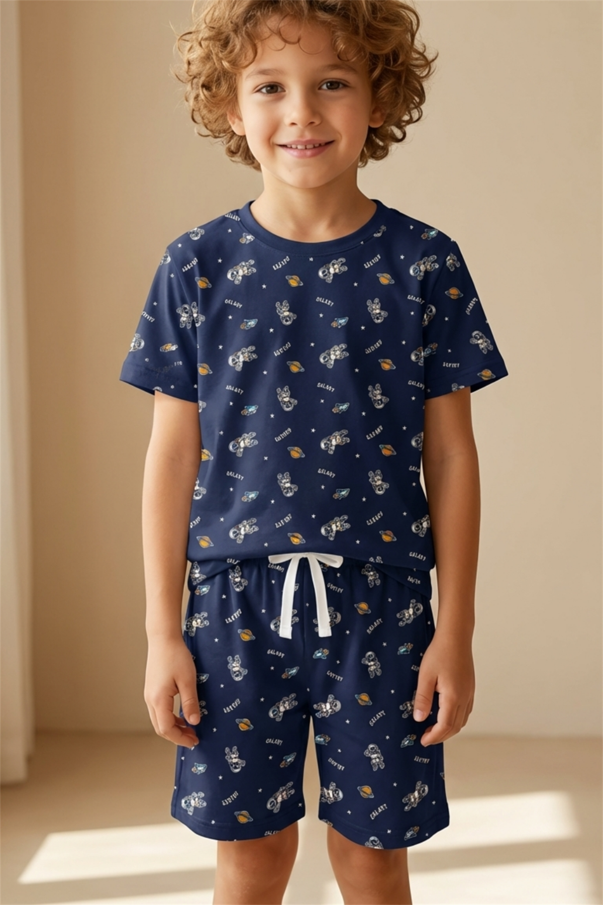 Space Patterned Childrens Pajama Set With Shorts