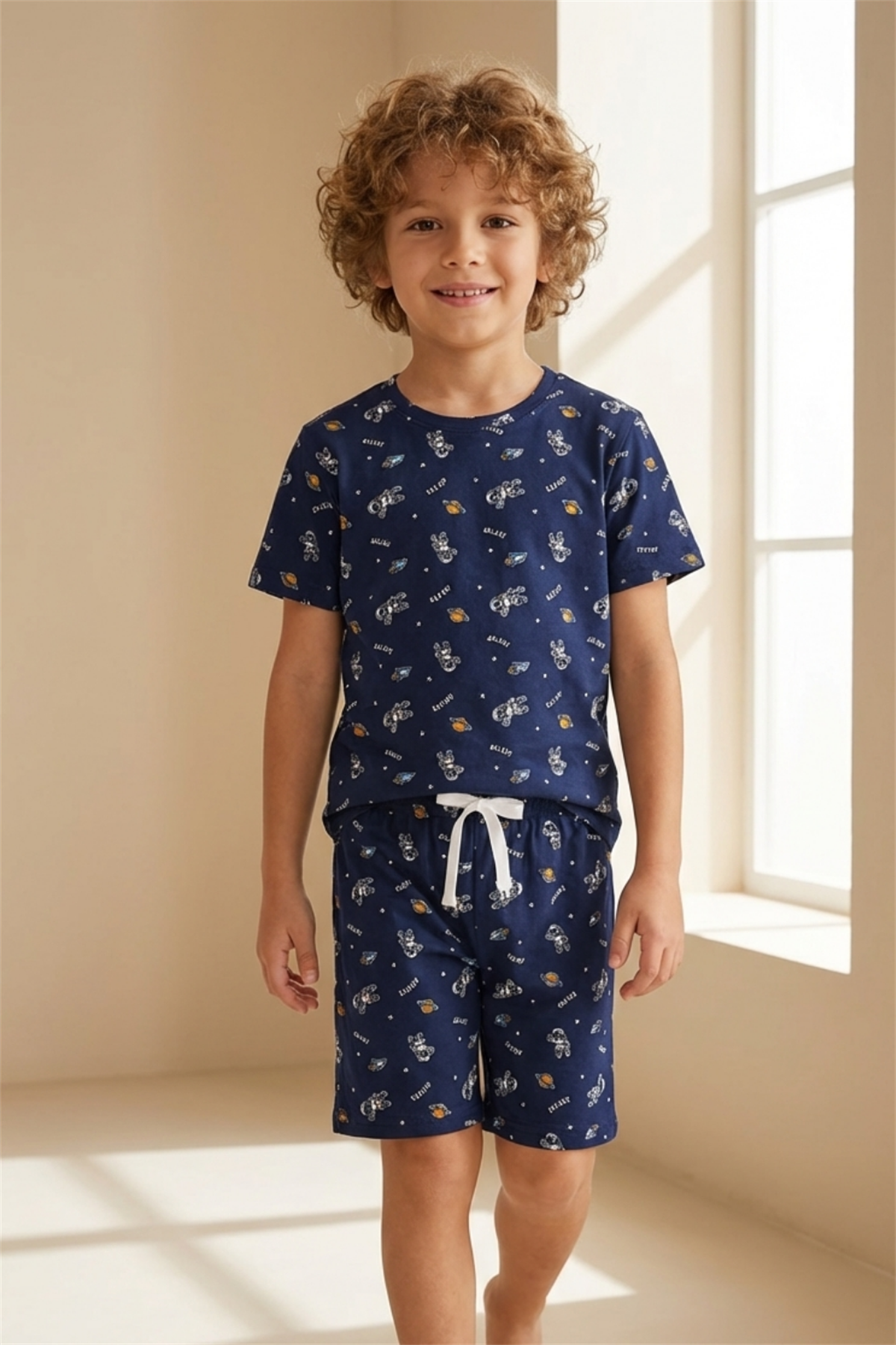 Space Patterned Childrens Pajama Set With Shorts