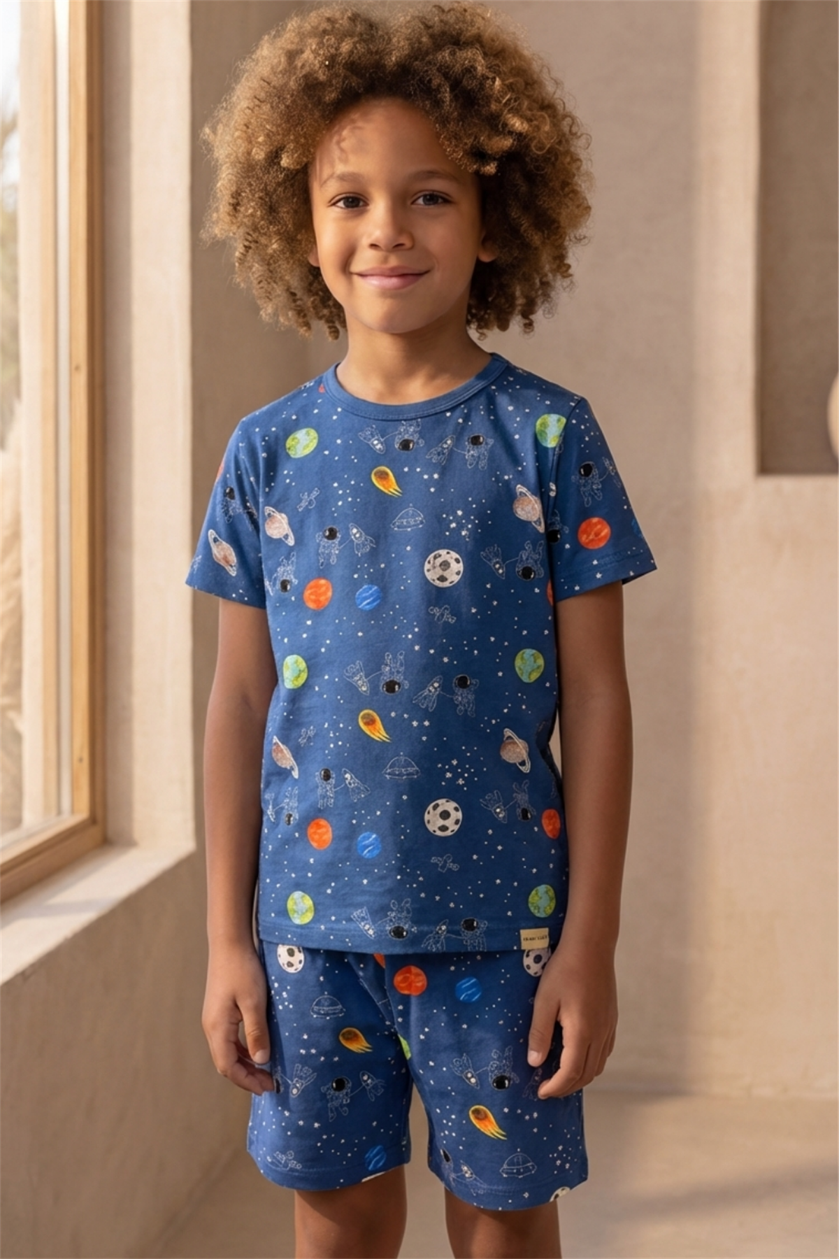 Space Patterned Packaged Navy Blue Boys Shorts Set