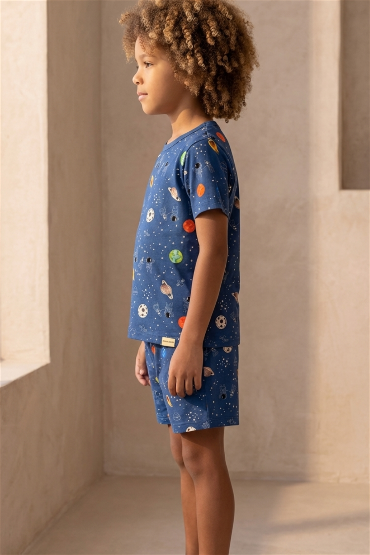 Space Patterned Packaged Navy Blue Boys Shorts Set
