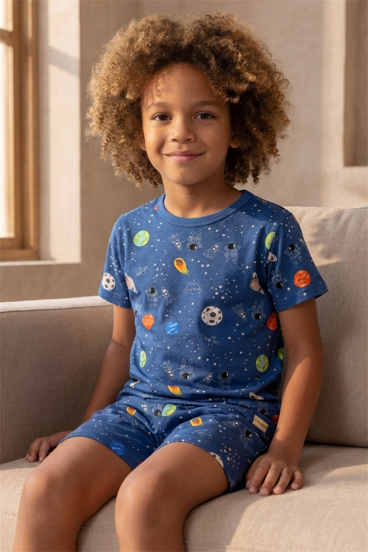 Space Patterned Packaged Navy Blue Boys Shorts Set