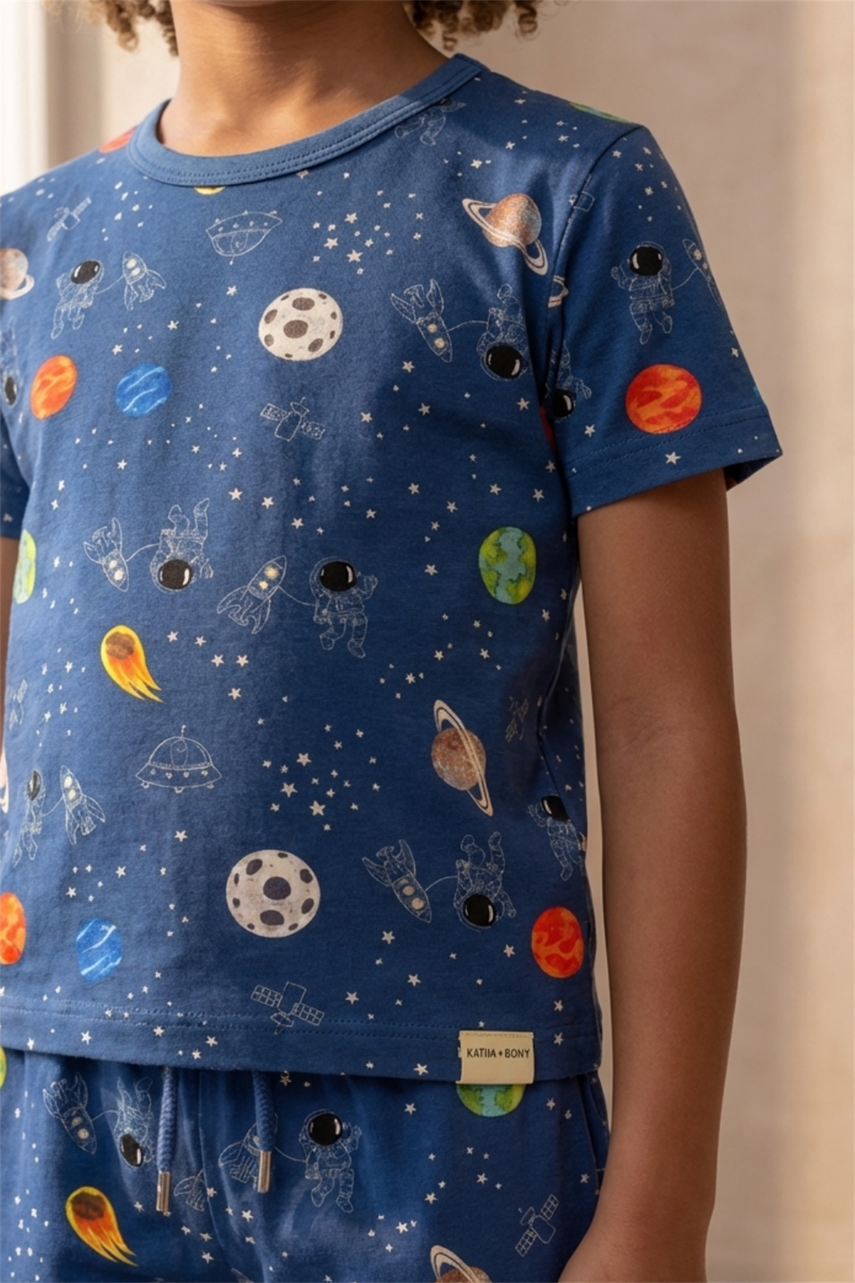 Space Patterned Packaged Navy Blue Boys Shorts Set