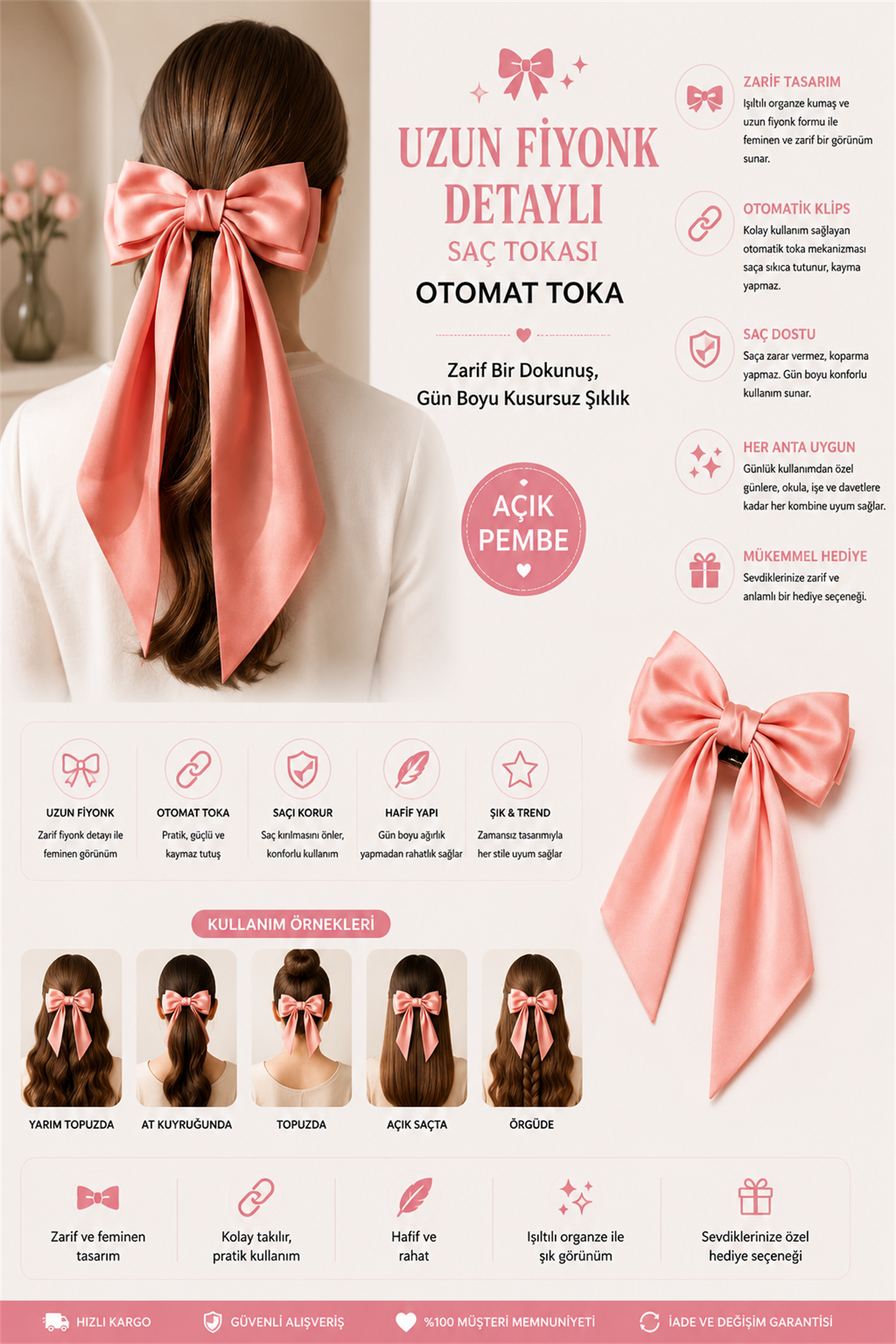Uzun Fiyonk Detaylı Saç Tokası Açık Pembe