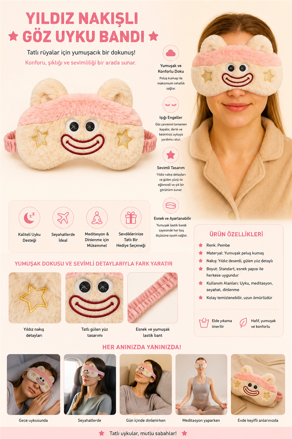 Star Embroidered Eye Sleep Headband Pink