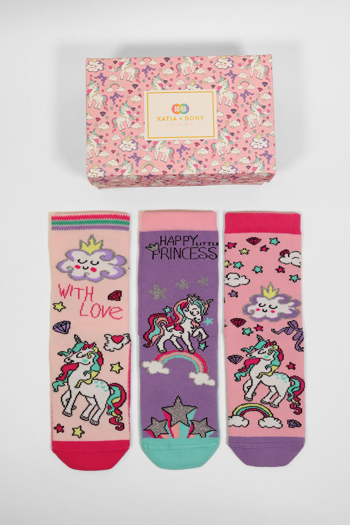 3'lü Paket Over The Rainbow Kutulu Kız Çocuk Soket Çorap Desenli