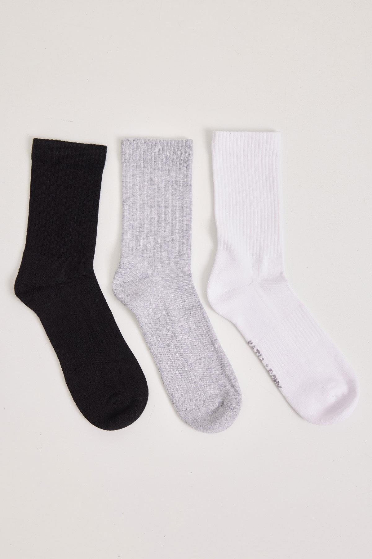 3 lü Paket Pamuklu Spor Çorap Siyah/Beyaz/Gri