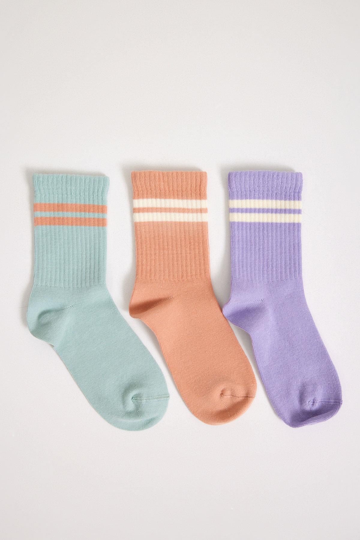 3'lü Paket Şeritli Kız Çocuk Soket Çorap