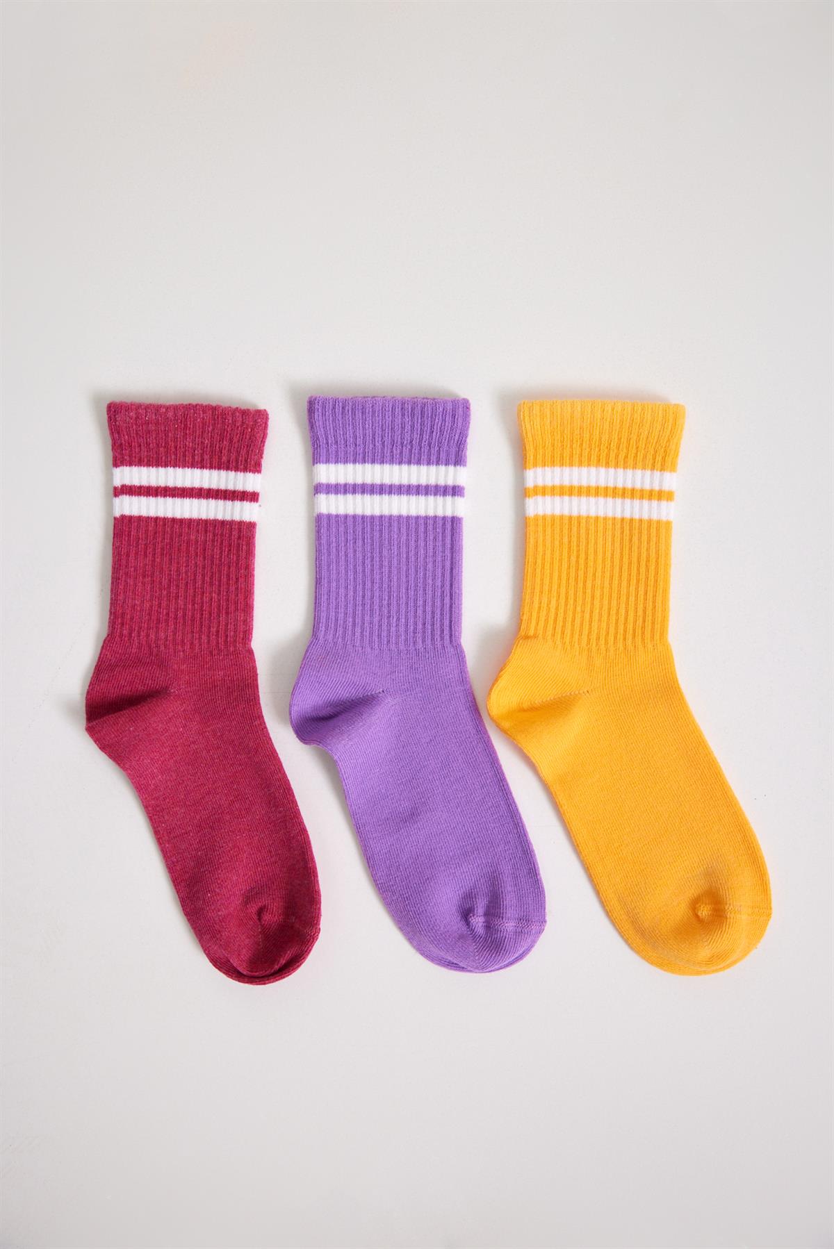 3'lü Paket Şeritli Kız Çocuk Soket Çorap