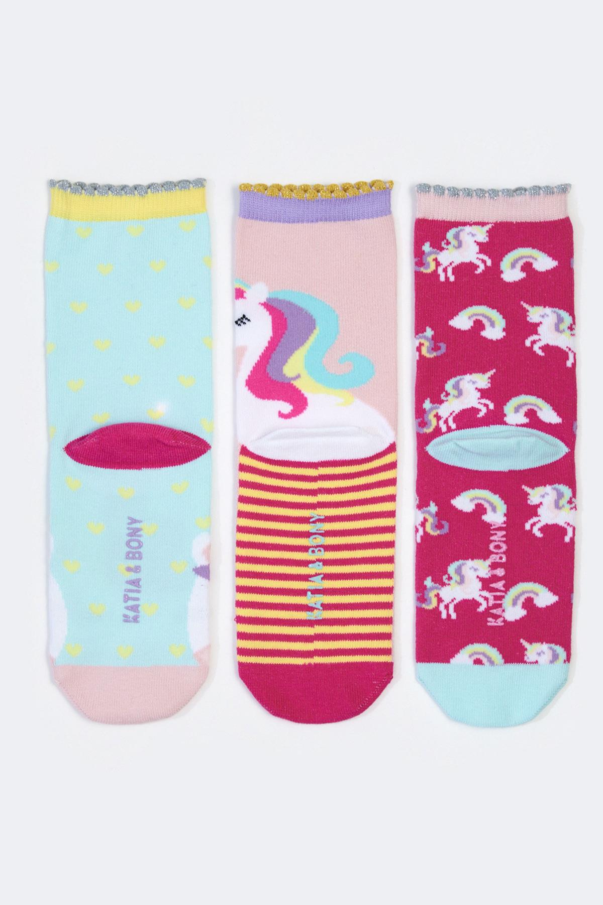 3 lü Paket Unicorn Kutu Kız Çocuk Soket Çorap Desenli