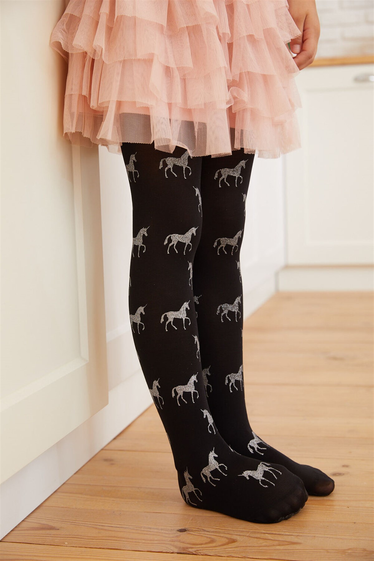 Glittery Unicorn Kız Çocuk Külotlu Çorap SİYAH