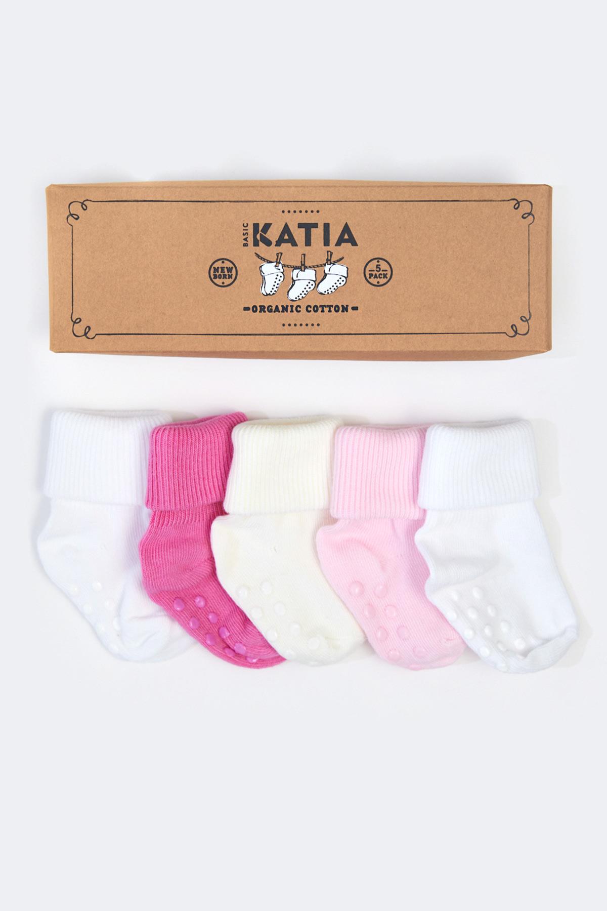 Renkli Yenidoğan Organik 5 li Bebek Çorap Pembe/Beyaz