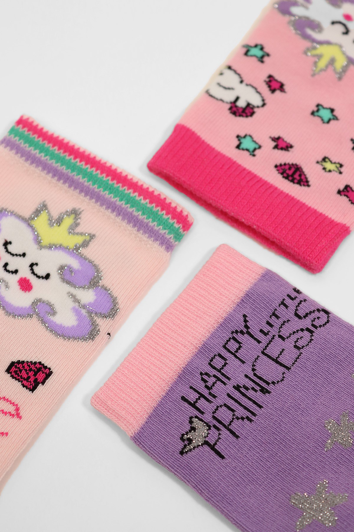 3'lü Paket Over The Rainbow Kutulu Kız Çocuk Soket Çorap Desenli