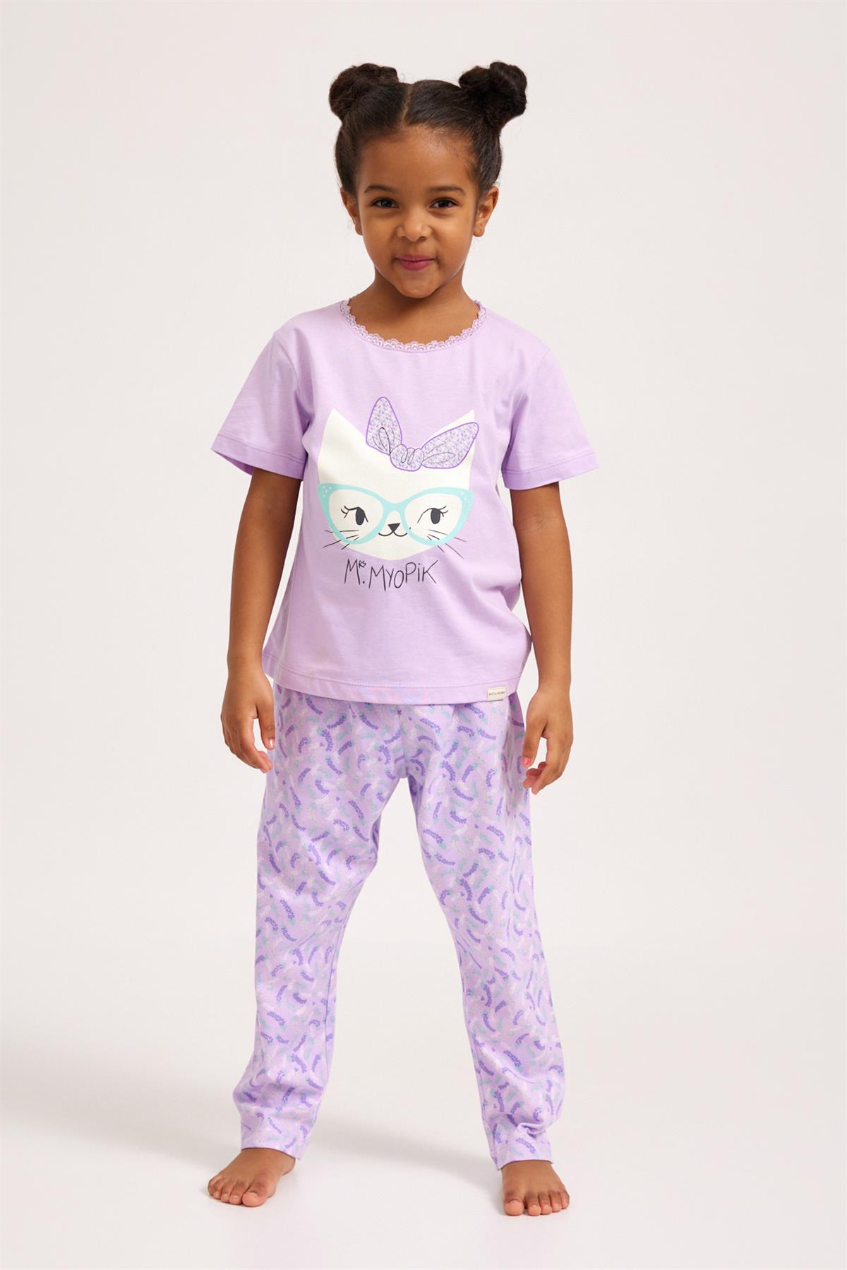 Lavender Kedi Baskı Kız Çocuk T-Shirt LILAC