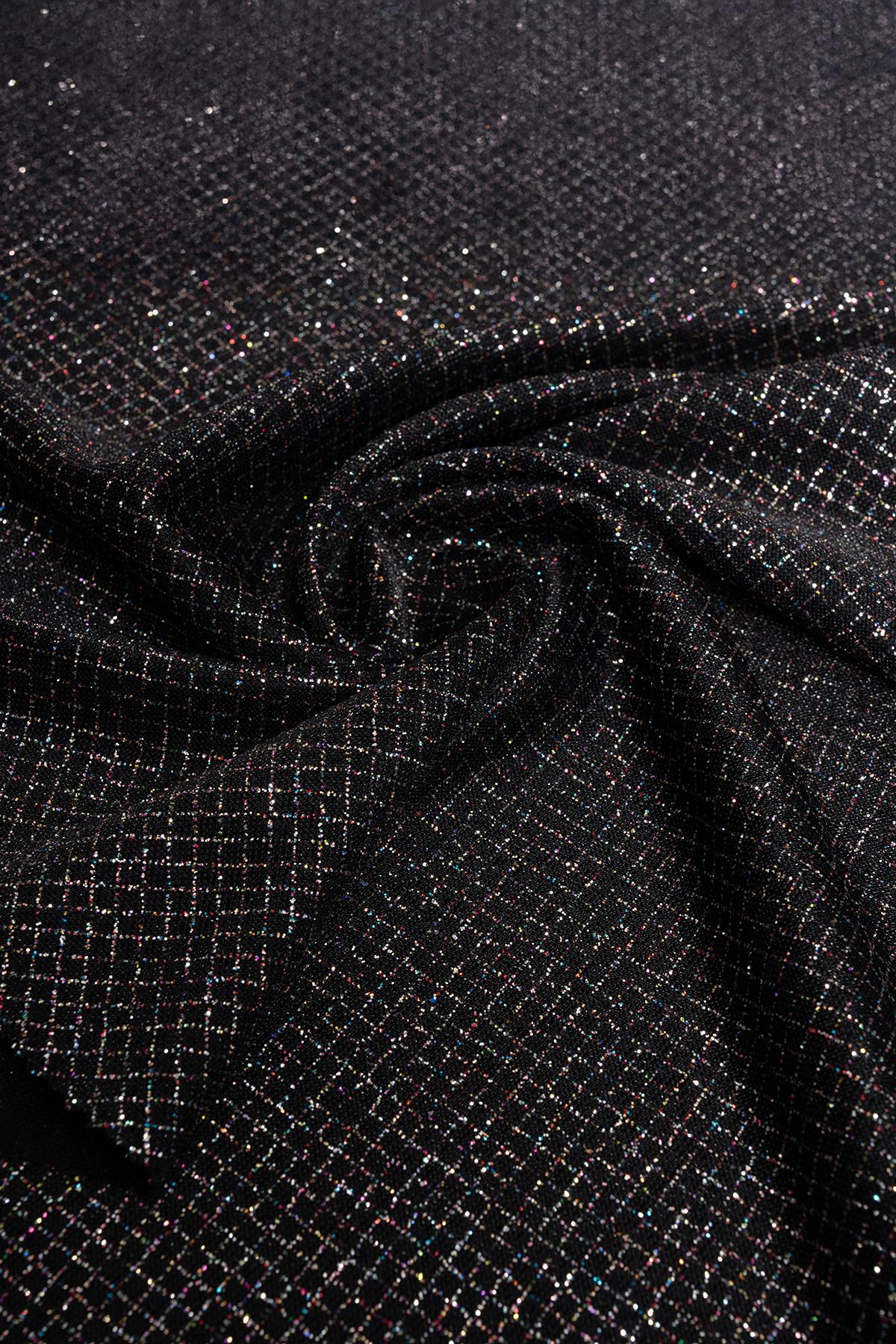 Brayt Baklava Desenli Simli Siyah Örme Kumaş - Kumaş Deposu