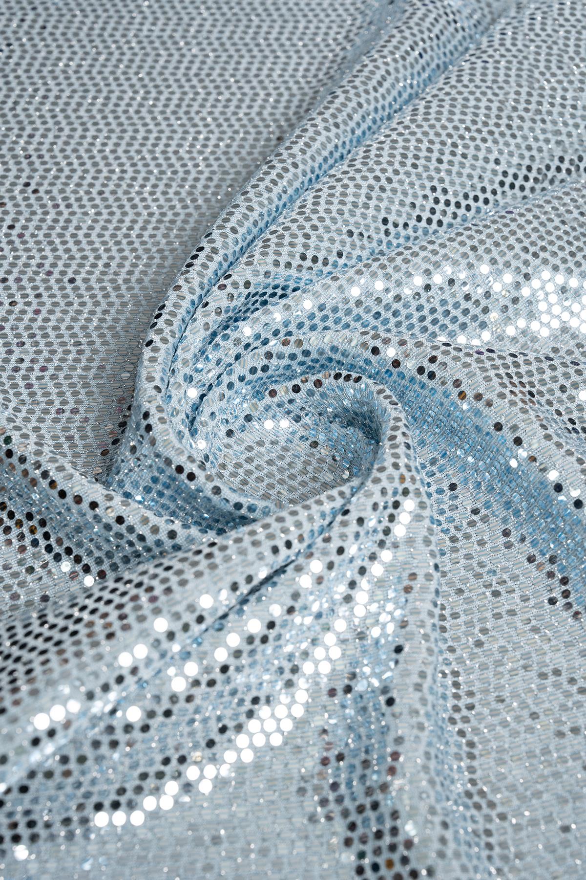 Doremi Bebe Mavisi Rengi Zeminli ve Gümüş Rengi Pullu Örme Abiye Kumaş - Kumaş Deposu