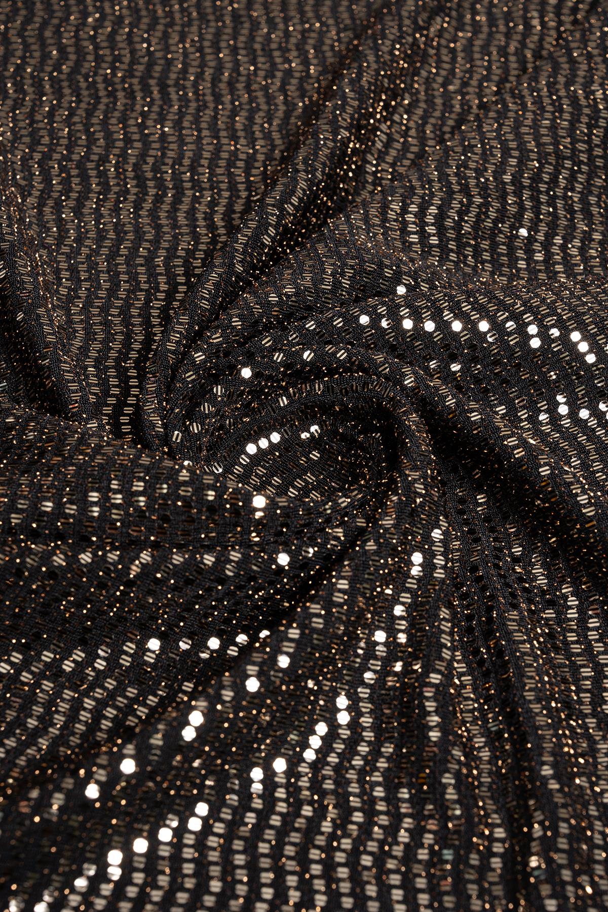 Doremi Siyah Zeminli ve Gold Rengi Pullu Örme Abiye Kumaş - Kumaş Deposu