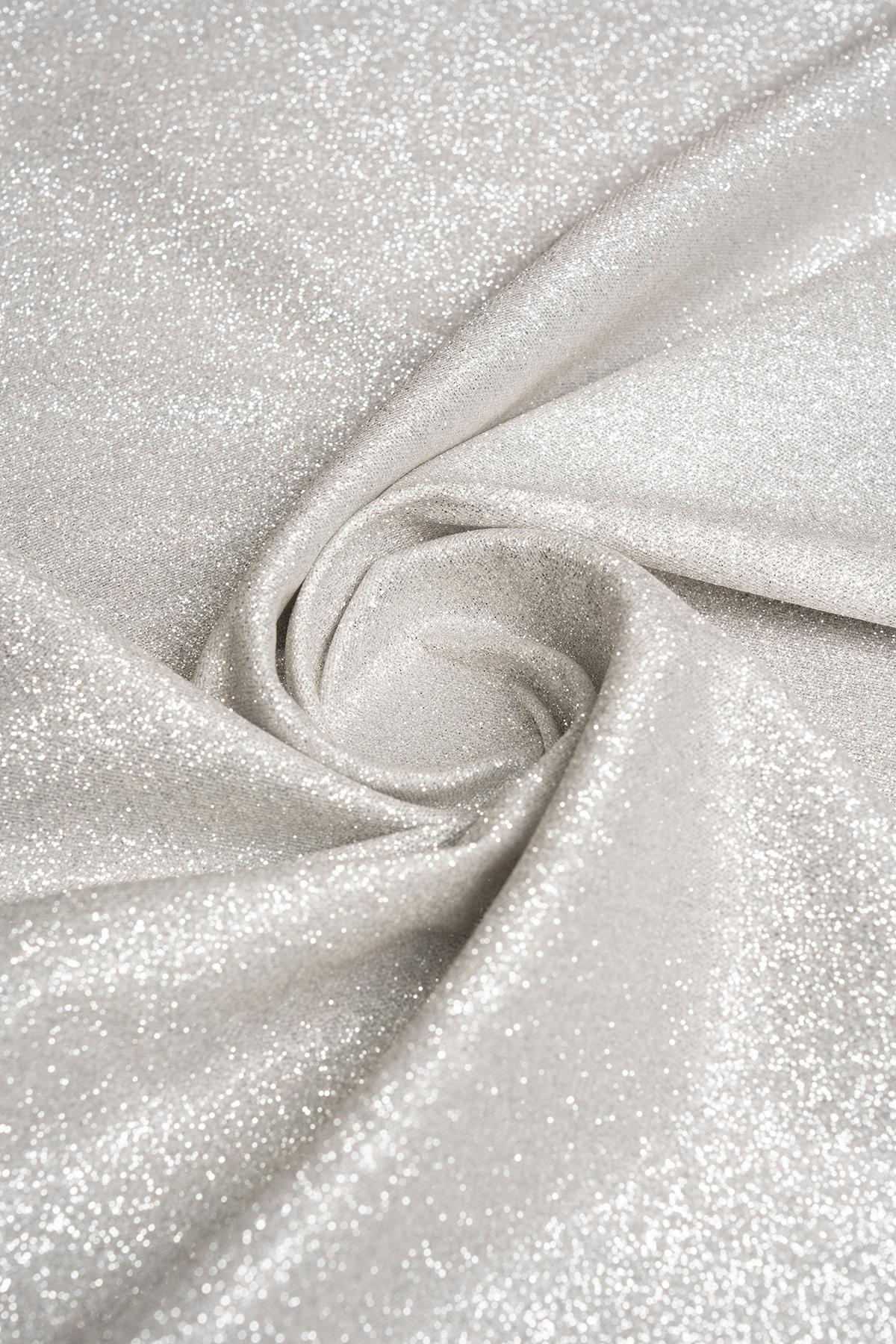 Elmas Ekru Rengi Simli Örme Abiye Kumaş - Kumaş Deposu