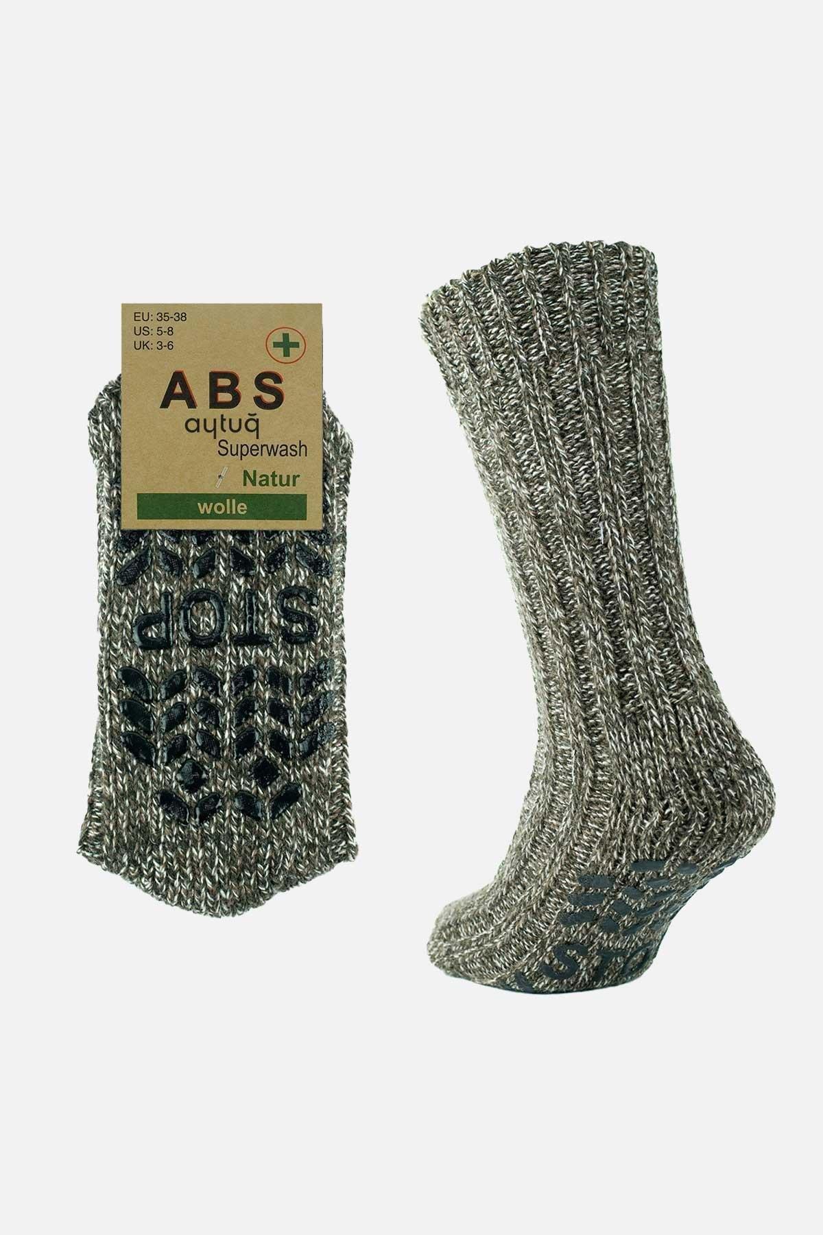 Mısırlı Kadın Merino Yünü Cold Blocker Kışlık Kaydırmaz Tabanlı Soket Çorap Haki
