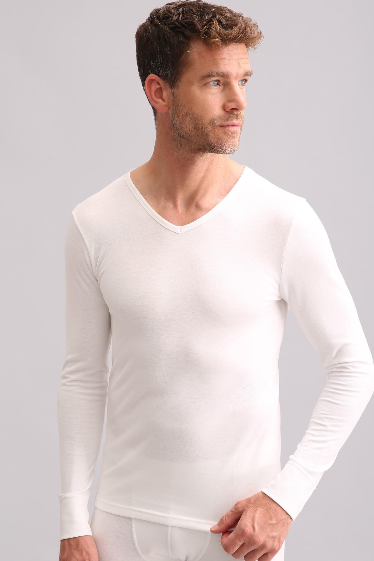 Mısırlı BAMBU TERMAL V Yaka Uzun Kollu Fanila / Sweatshirt Ekru